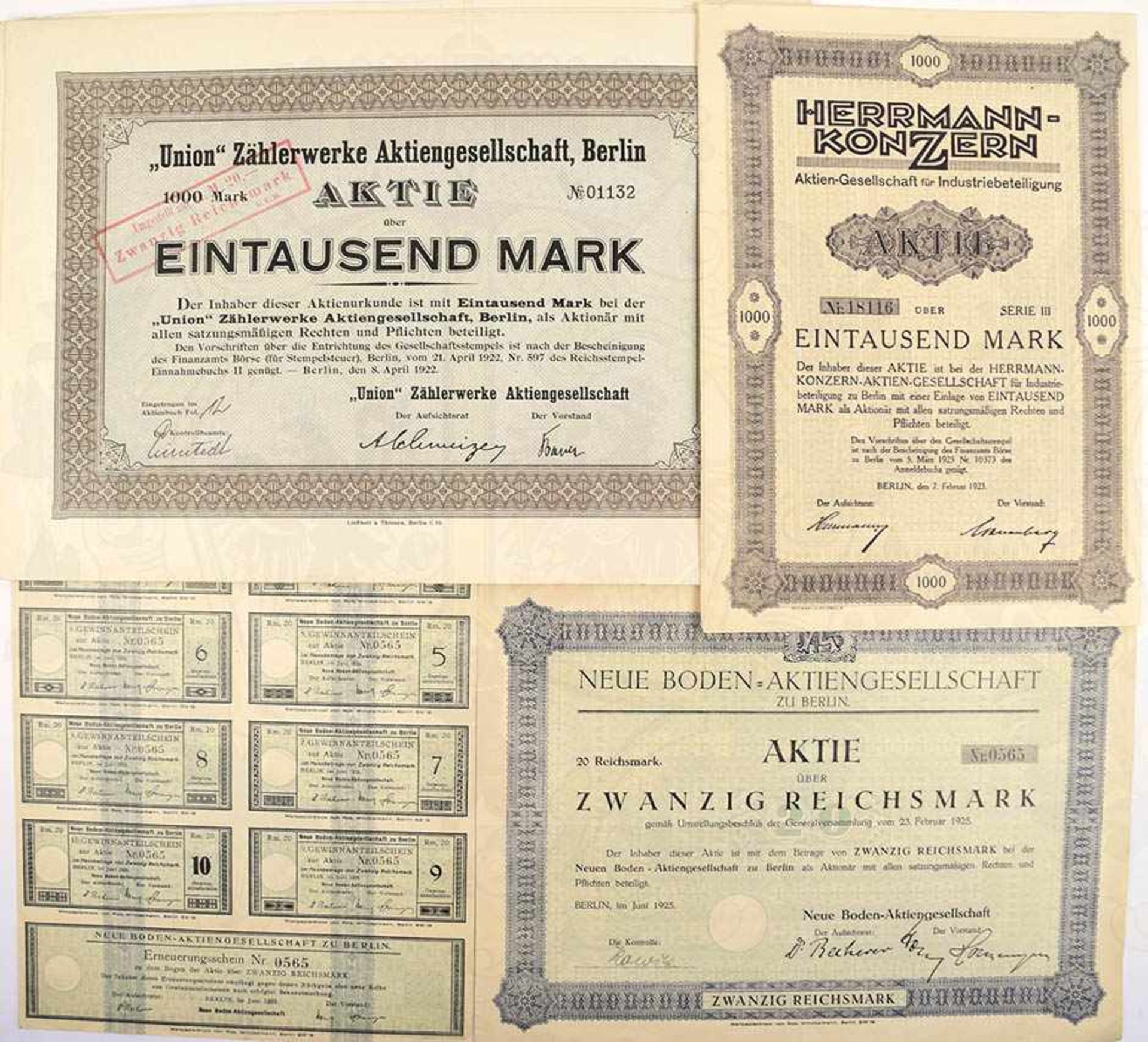 10 AKTIEN, 6x Herrmann-Konzern A.G. Berlin 1923 zu je 1000 M., m. Anteilscheinen; 3x Union-