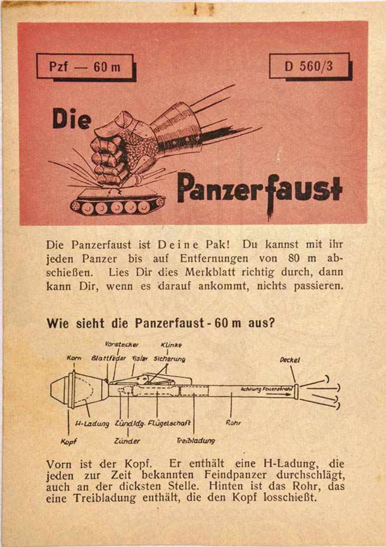 DIE PANZERFAUST, (Pzf-60 m - D 560/3), 10/1944, A 6 Faltblatt (4 S.), m. Abb.