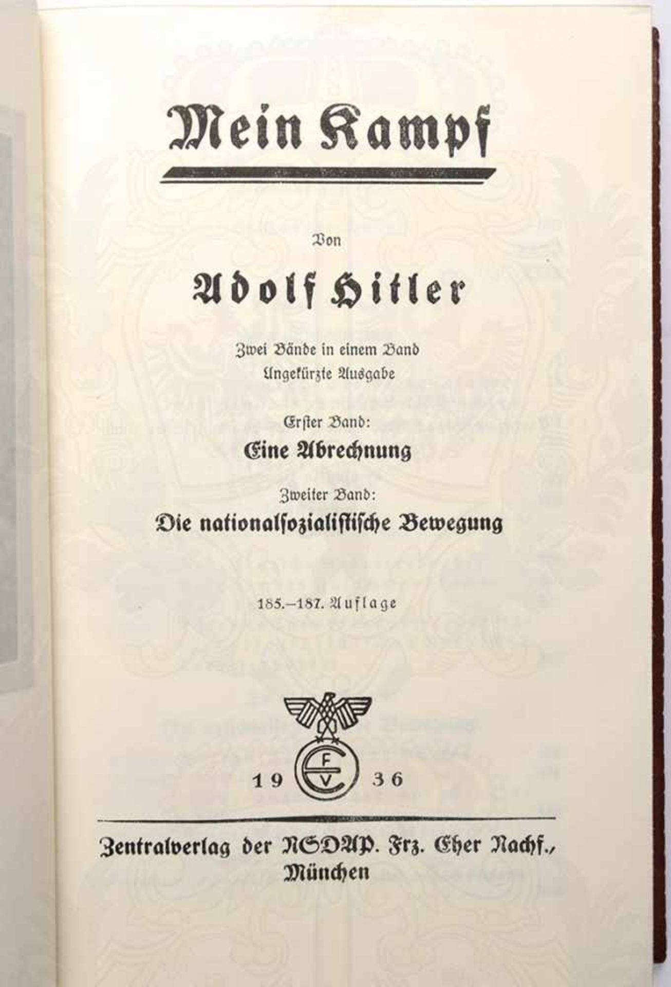 MEIN KAMPF, Meistereinband in Ganzleder mit 4 Bünden u. goldgepr. Rückentitel, Adolf Hitler, - Bild 6 aus 6