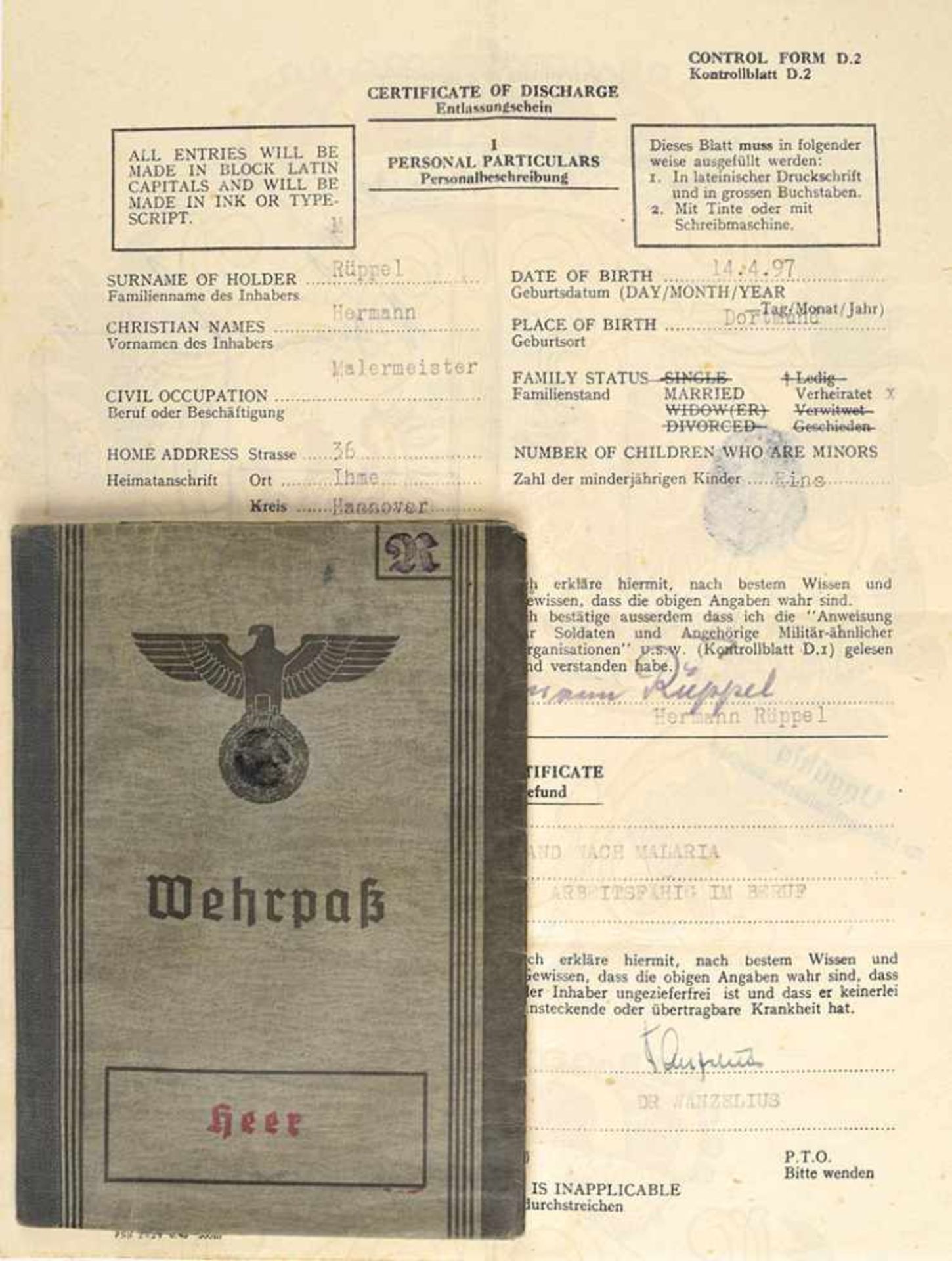 WEHRPAß, Feldwebel, WK- u. Freikorps-Veteran, Land.-Schtz.-Btl. I/XI u. 701 Hannover, Eintr. 1938-