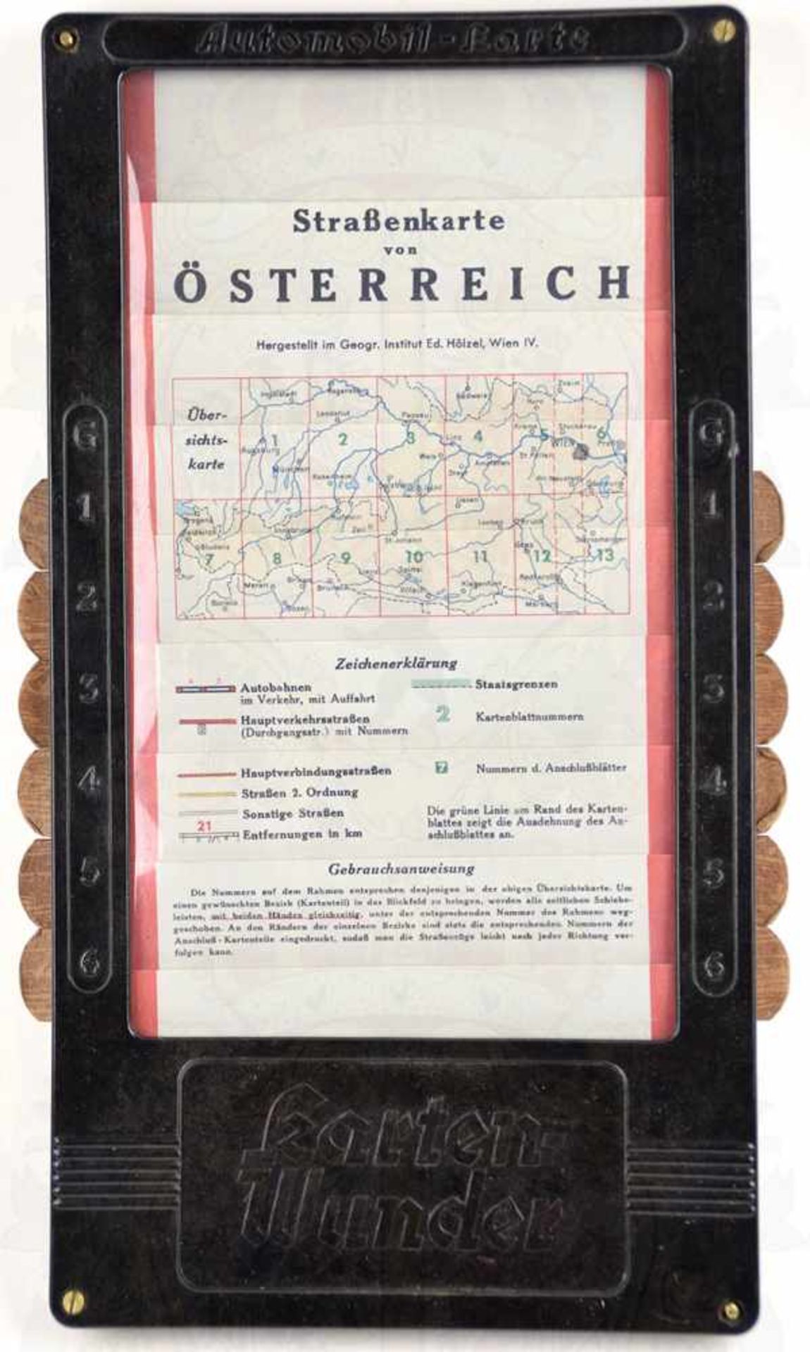 AUTOKARTE VON ÖSTERREICH, farbig, im Bakelit-Gehäuse mit Patent-Schiebefunktion, um 1937, 17,5x32,