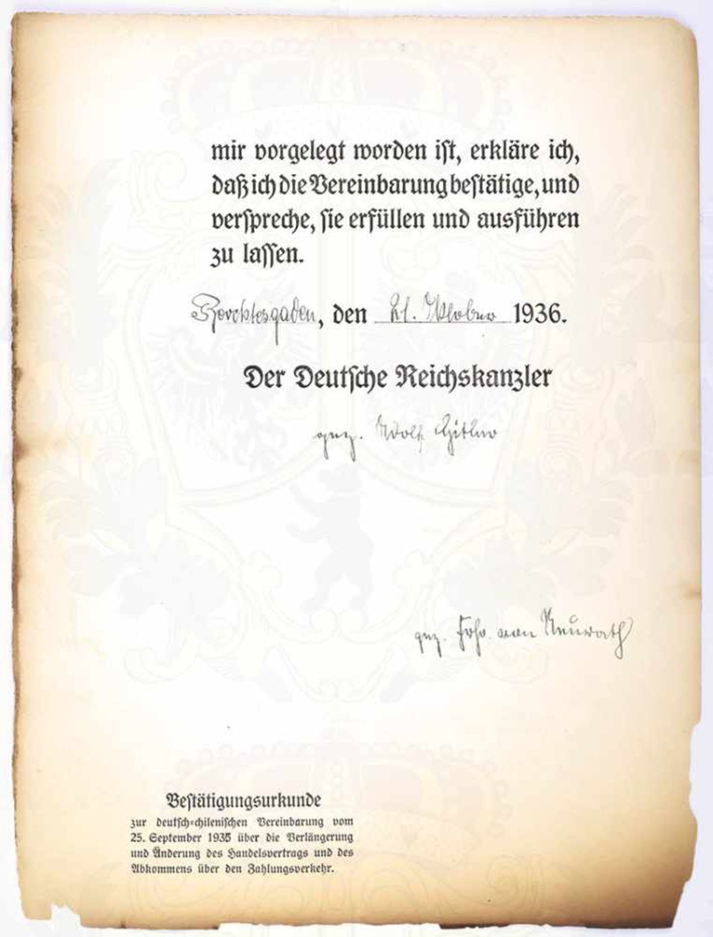 ADOLF HITLER, Bestätigungsurkunde zur deutsch-chilenischen Vereinbarung vom 25. September 1935