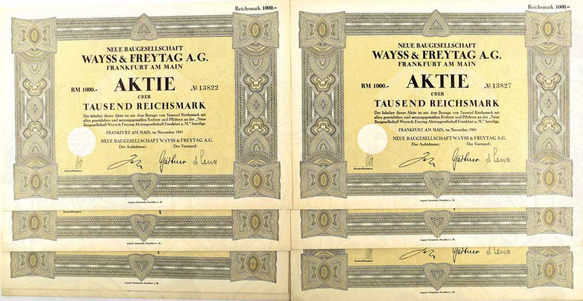 23 AKTIEN NEUE BAUGESELLSCHAFT WAYSS &. FREYTAG A.G., Frankfurt a. Main 1941, zu je 1000 RM., 2x