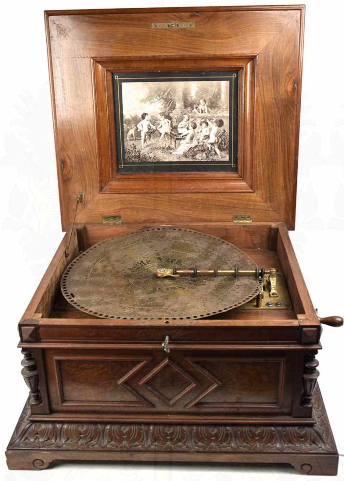 POLYPHON, Fertigung um 1900, funktionstüchtig, Holztruhe mit zeitgen. Furnierüberzug, Deckel und - Bild 4 aus 10