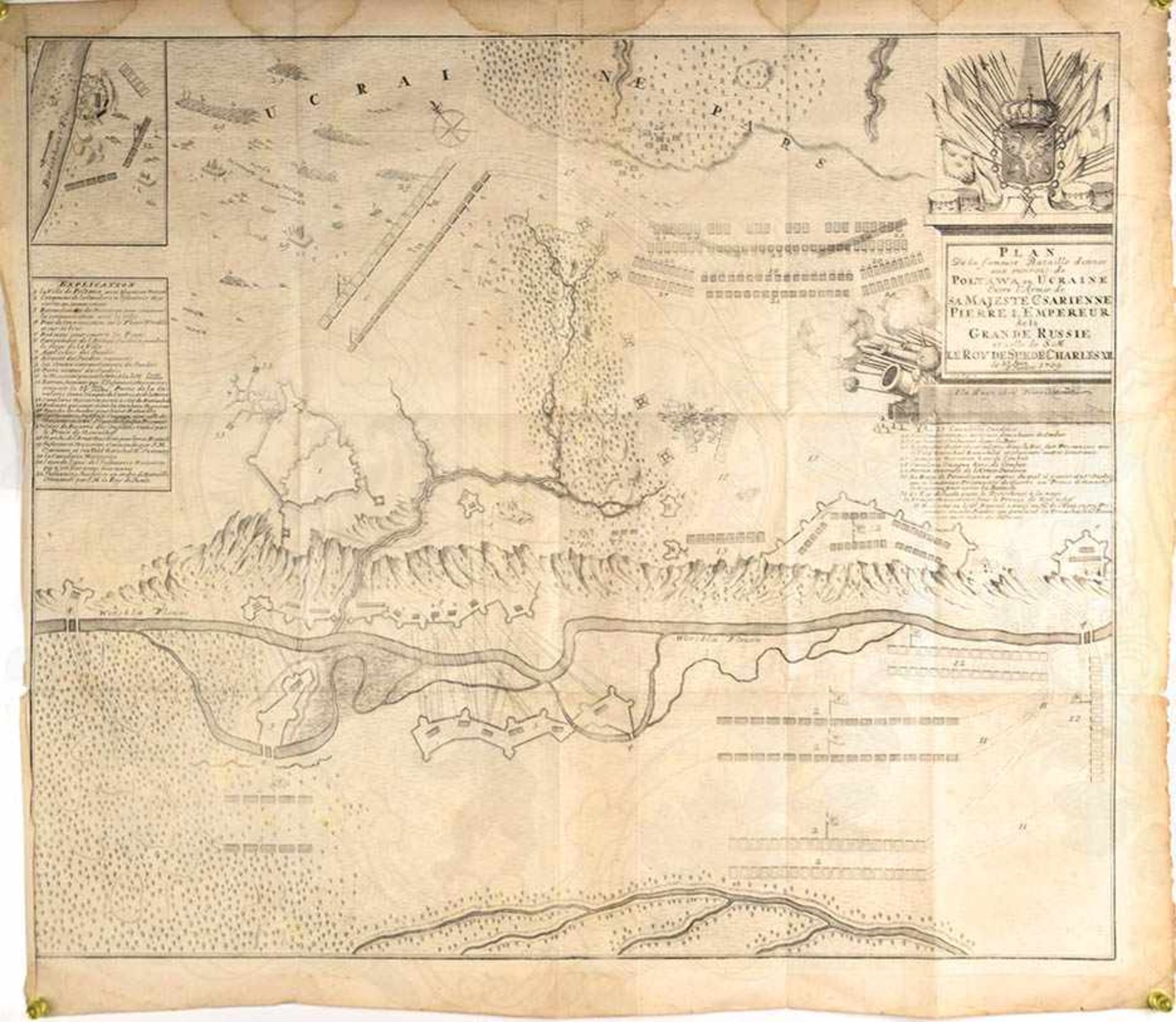 KUPFERSTICHKARTE „PLAN DER SCHLACHT BEI POLTAWA, 27./28. Juni 1709, 1. Niederlage des schwed. Königs