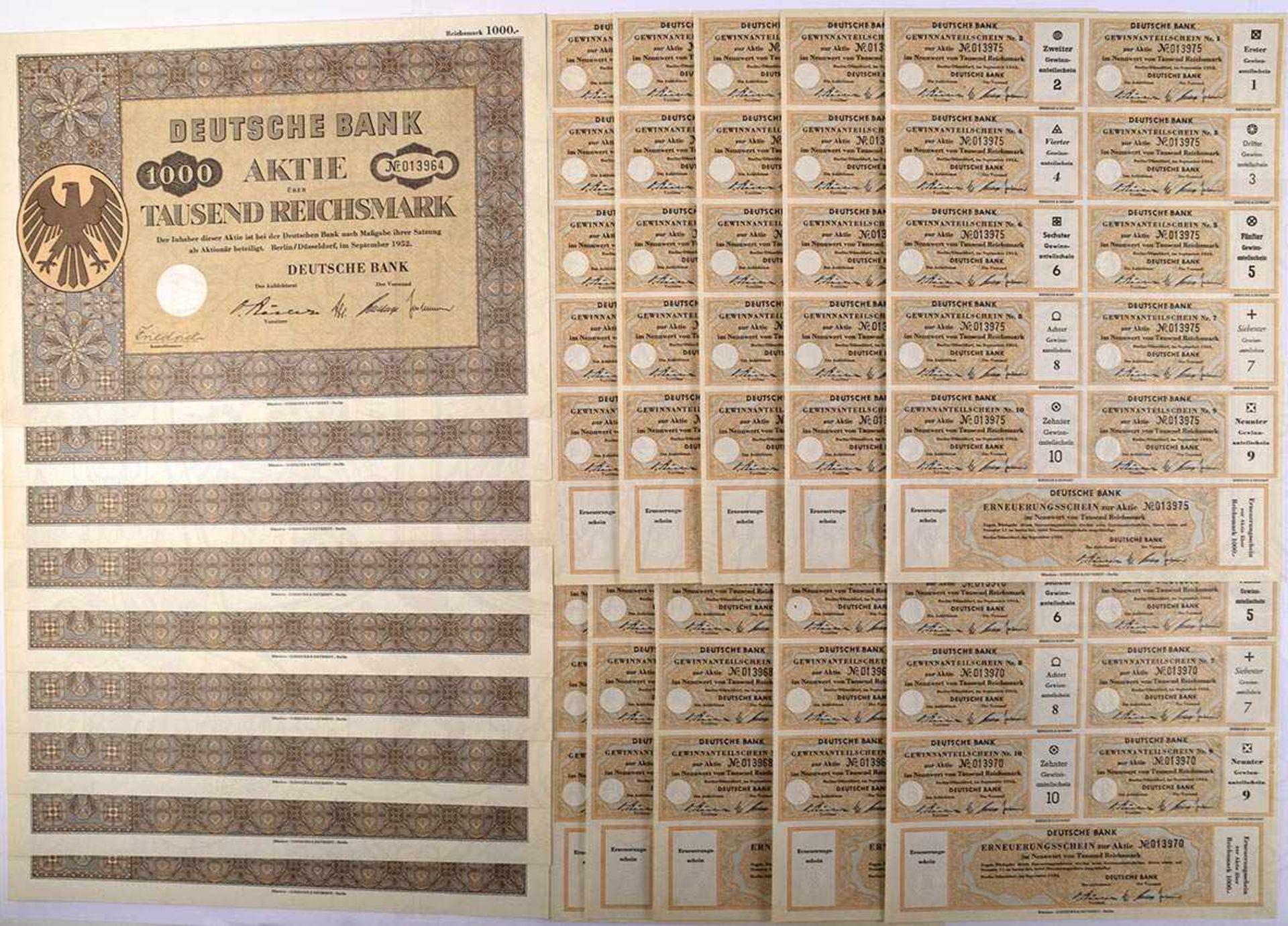 9 AKTIEN DEUTSCHE BANK 1952, zu je 1000 Reichsmark, mit 10 Bögen Dividendenscheine