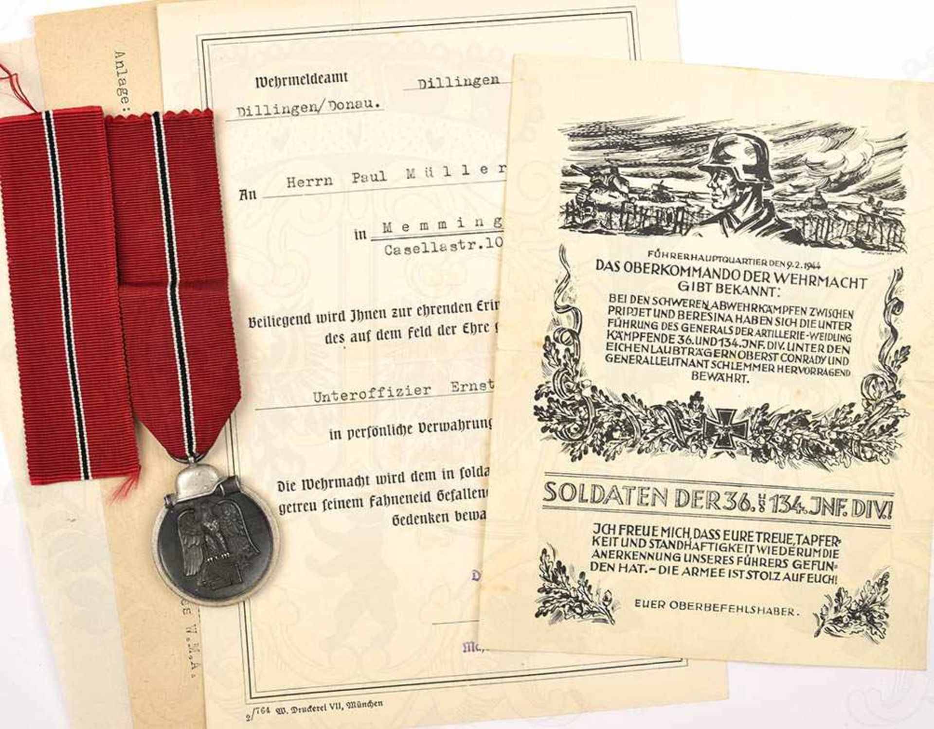 NACHLAß EINES GEFALLENEN UNTEROFFIZIERS, d. 36. oder 34. ID, Medaille „Winterschlacht im Osten