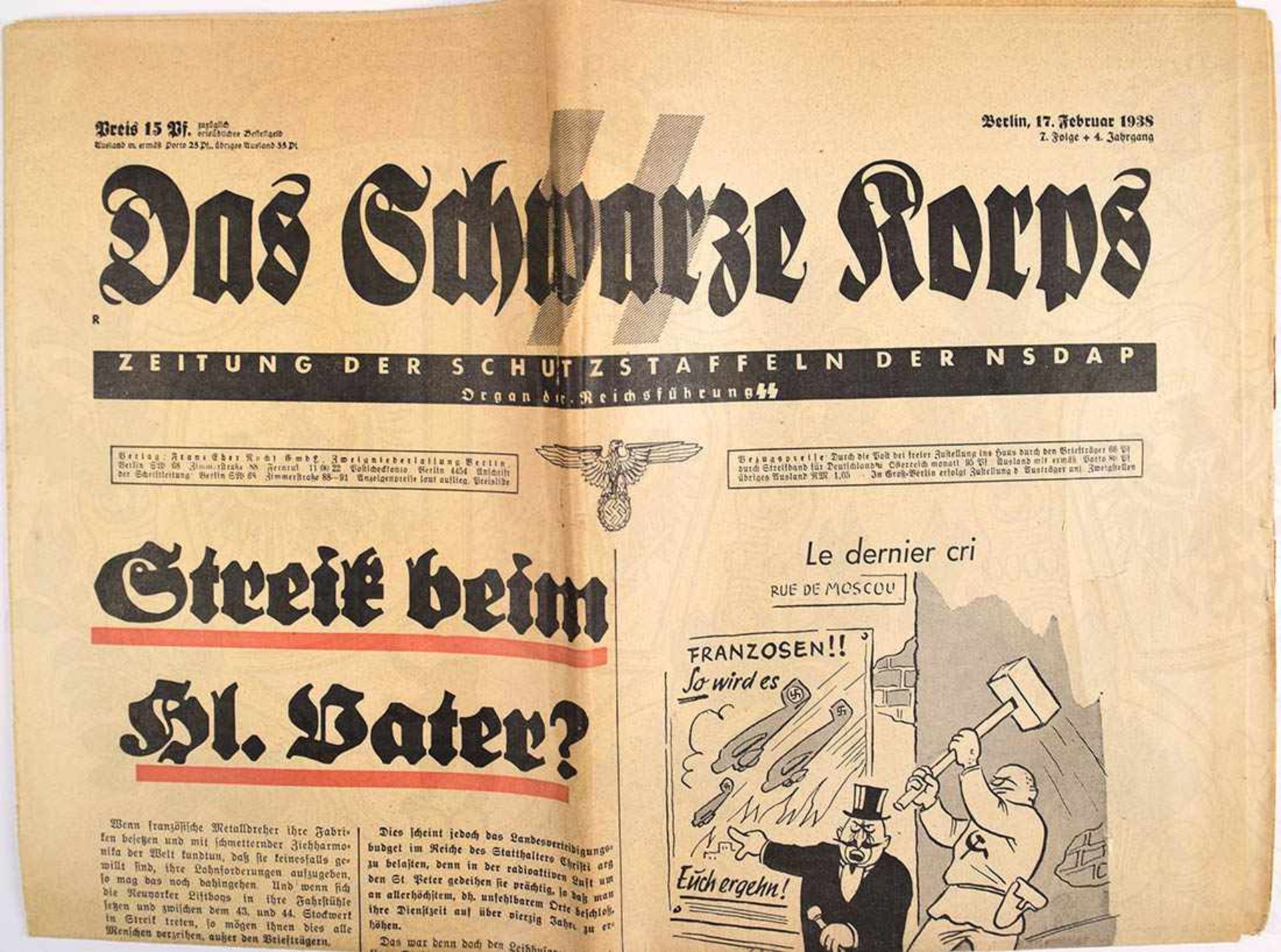 DAS SCHWARZE KORPS, „Streik beim Hl. Vater?“, 17.2.1938, 10 von 20 Seiten, Beilage „Der politische