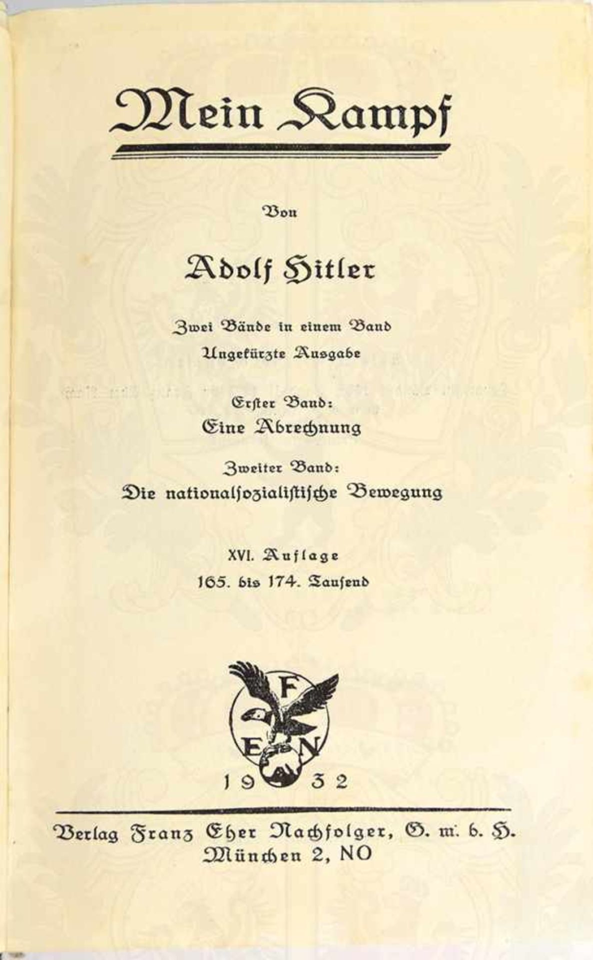 MEIN KAMPF, Adolf Hitler, Volksausgabe, Eher Verlag, 1932, Porträtbild, 781 S., etwas fleckig, - Bild 3 aus 3