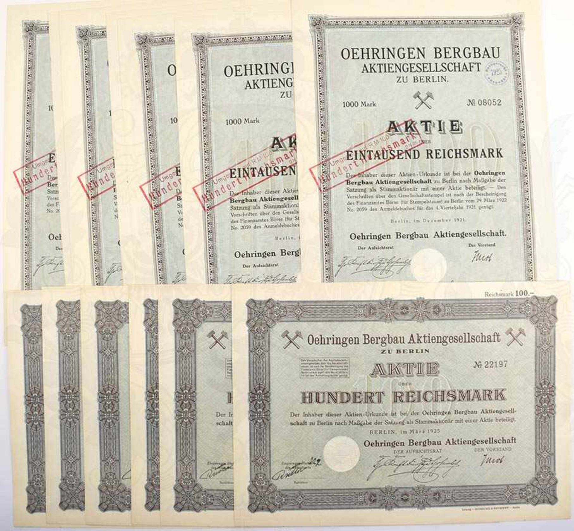 17 AKTIEN OEHRINGEN BERGBAU A.G. BERLIN, 8x zu 1000 RM 1921; 9x zu 100 RM 1925