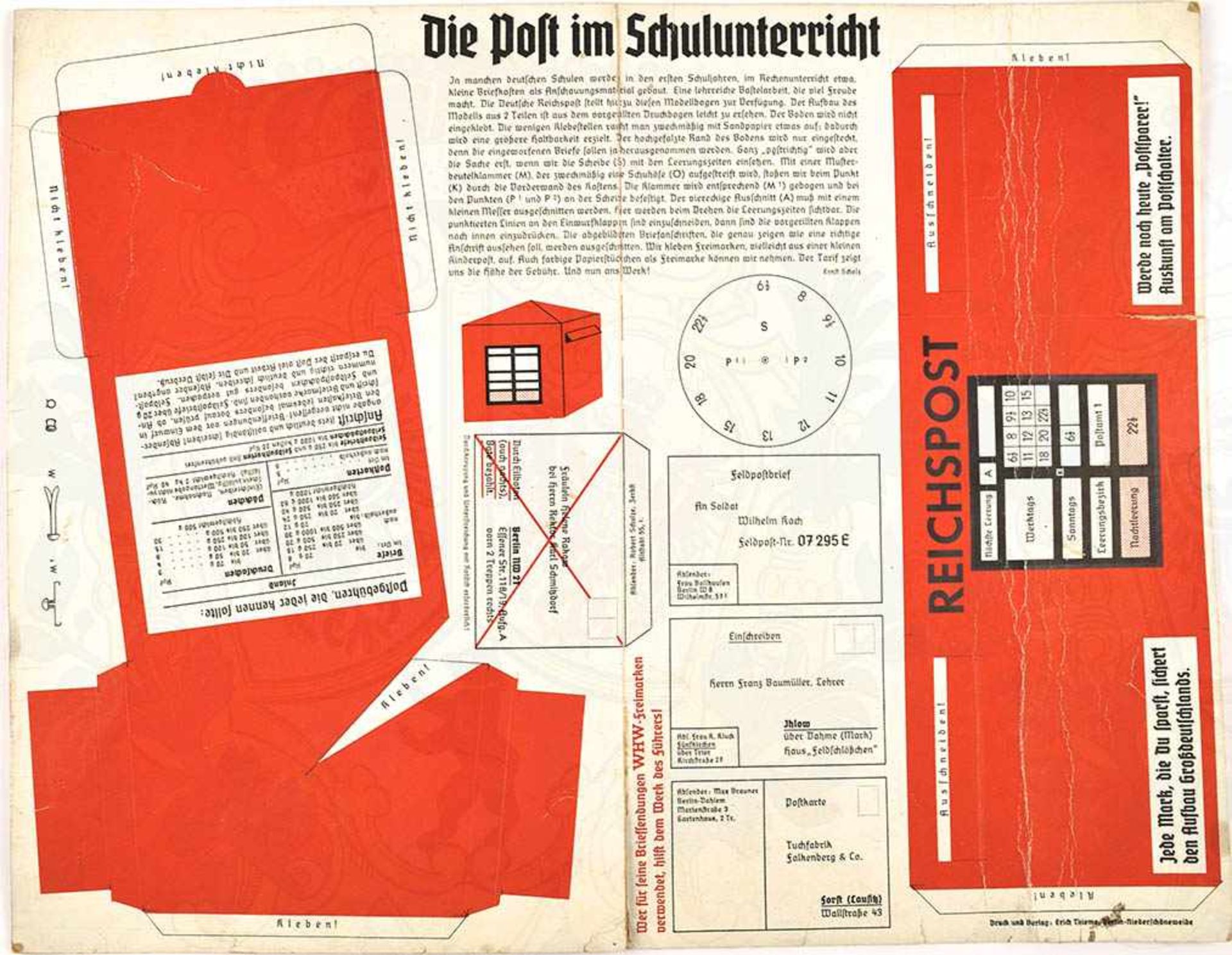 AUSSCHNEIDE-BOGEN, „Die Post im Schulunterricht“, Briefkasten-Modell, Beispielbriefe, Portostufen