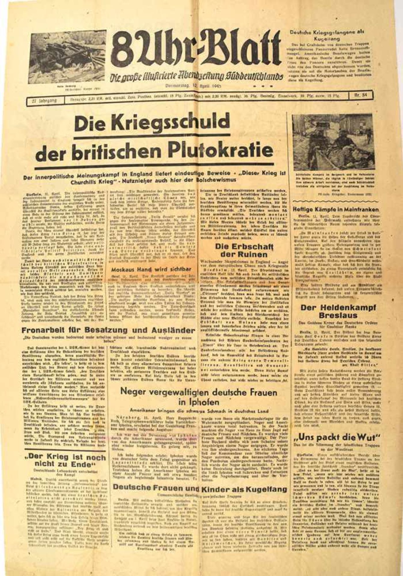 8-UHR-BLATT, „Abendzeitung Süddeutschlands“ vom 12.4.1945, 1-Blatt-Ausgabe, „Die Kriegsschuld der