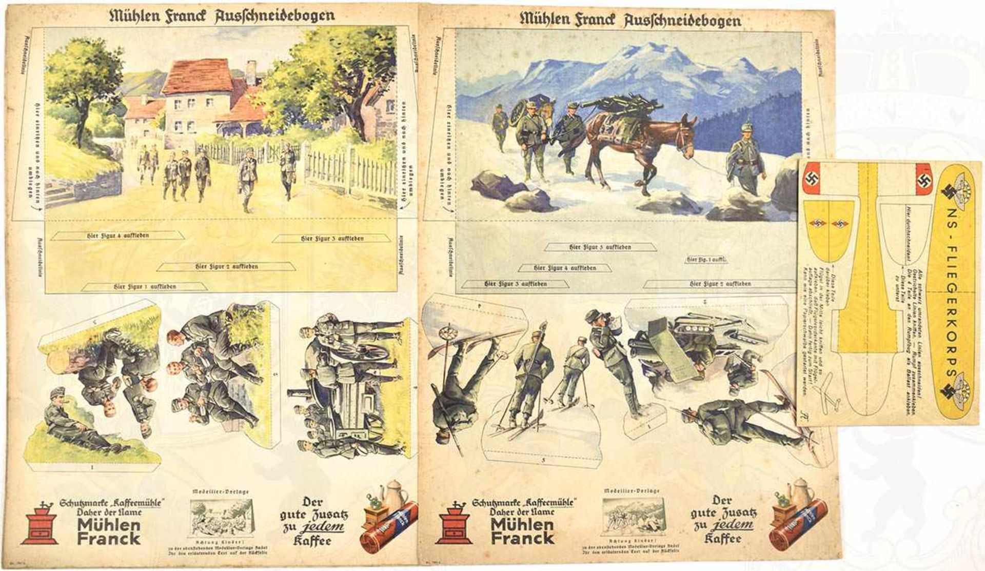 3 FARBIGE AUSSCHNEIDEBÖGEN, Wehrmacht, Heer u. Gebirgsjäger, 3 Hintergrundbilder u. 13
