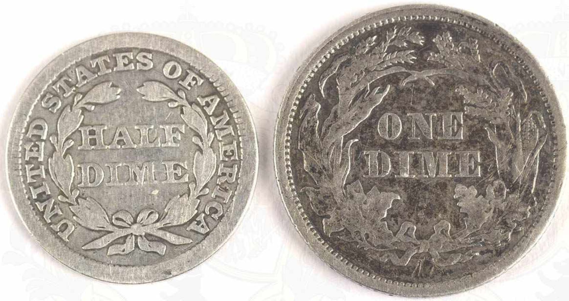2 SILBERMÜNZEN USA, 1/2 Dime 1854 u. 1 Dime 1860, Seated Liberty, Silber, (5 cent bzw. 10 cent)