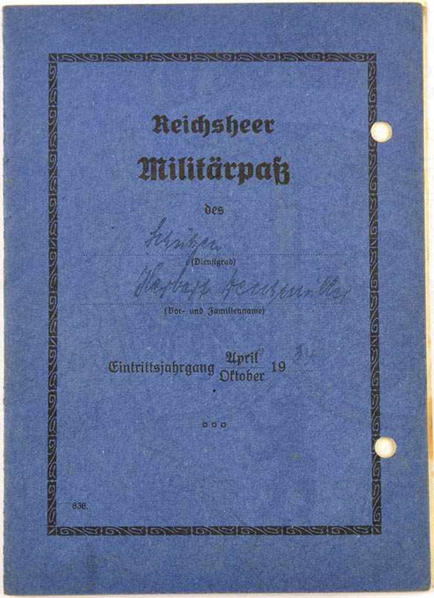 REICHSHEER-MILITÄRPAß, (letzte Form v. Einführung d. Wehrpässe), Schütze d. 1. Kp./IR Neumünster,