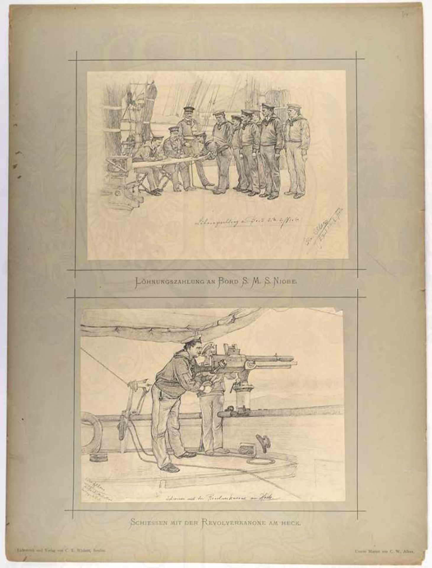 KUNSTMAPPE „UNSERE MARINE“, 50 s/w Drucke (kpl.) nach Zeichn. von C. W. Allers, auf 40 Kartonträgern - Image 2 of 3