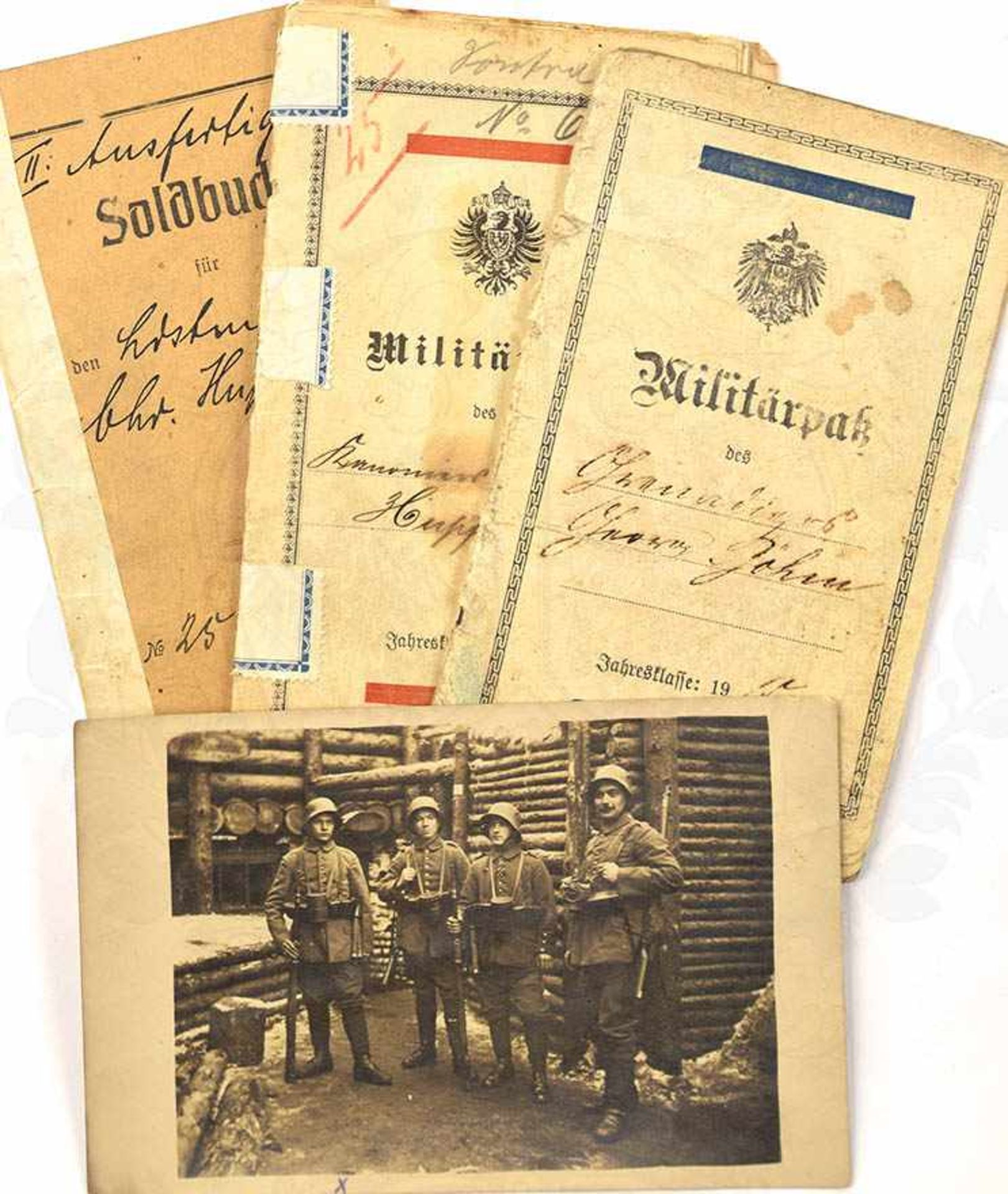 MILITÄRPAß UND SOLDBUCH EINES TRAINSOLDATEN, Eintr. 1891-1919, Kanonier d. 1. Garde-Feldartillerie-