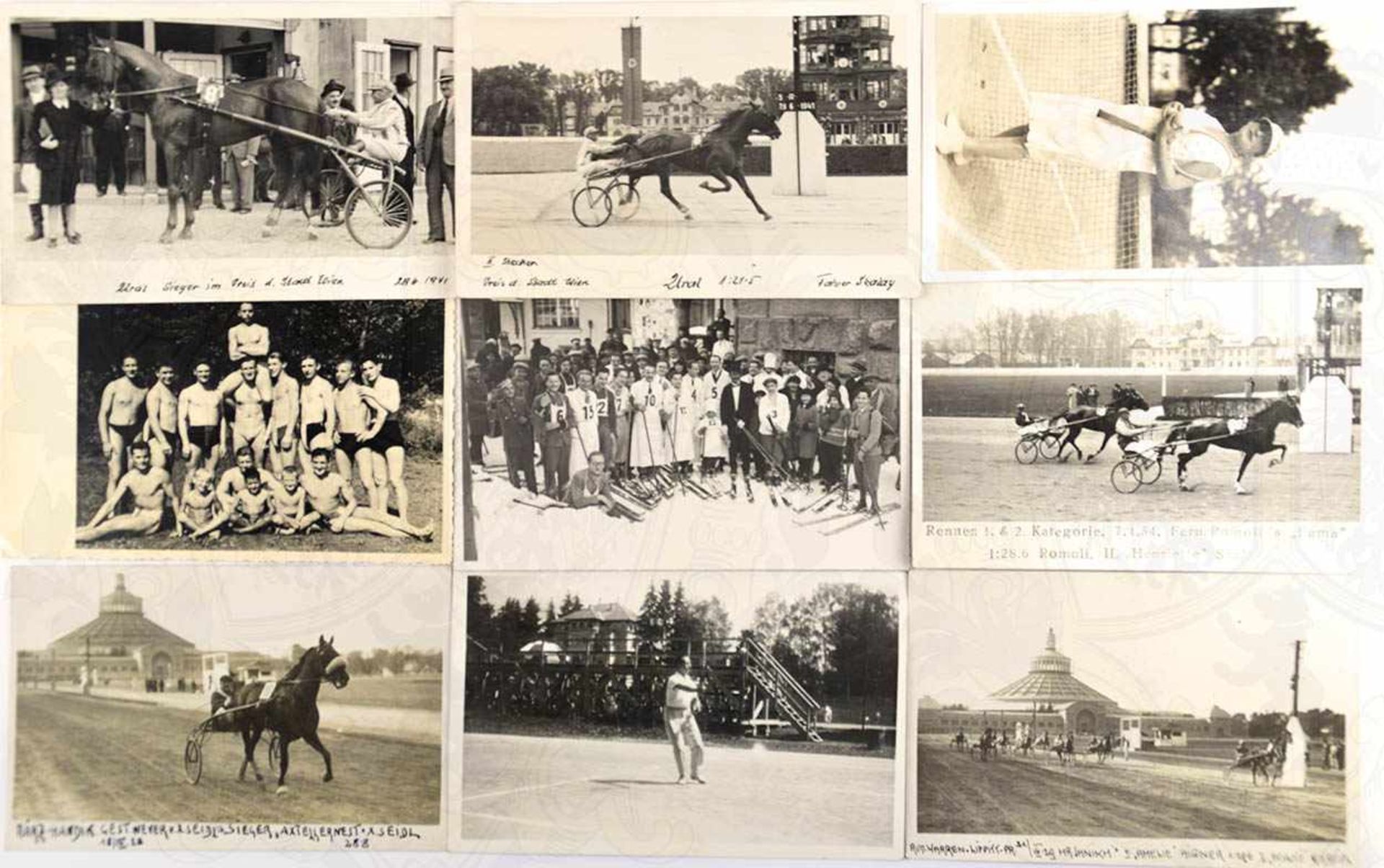 17 ANSICHTSKARTEN SPORT, meist Trabrennen, Preis der Stadt Wien 1928-1941, wenig Tennis u.