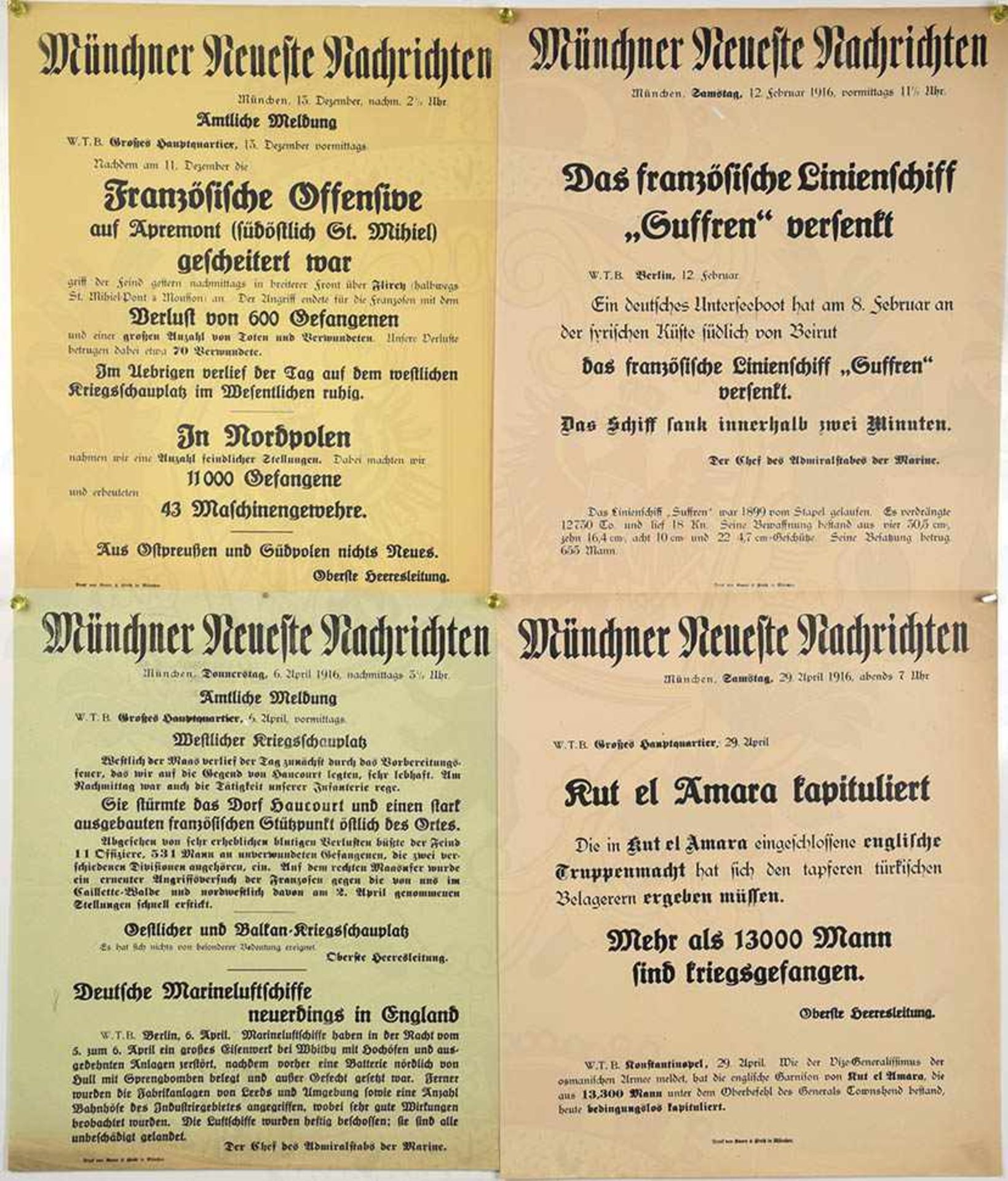 52 NACHRICHTEN-ANSCHLÄGE, meist Münchner Neueste Nachrichten, Juli 1914-Dez. 1916, dabei: Festung