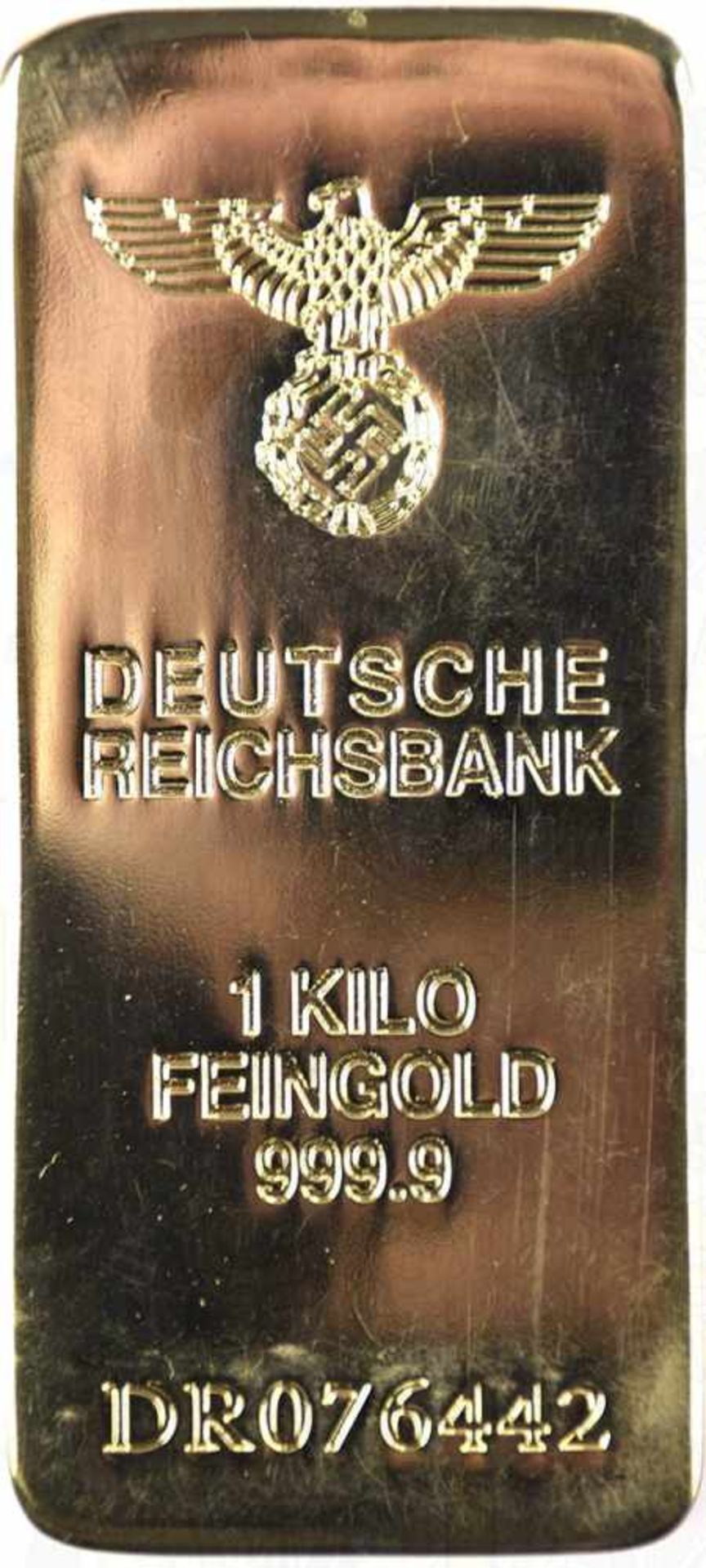 BRIEFBESCHWERER IN FORM EINES GOLDBARRENS, (ident. Größe), m. gepr. Hoheitsadler, sowie „Deutsche - Image 2 of 2