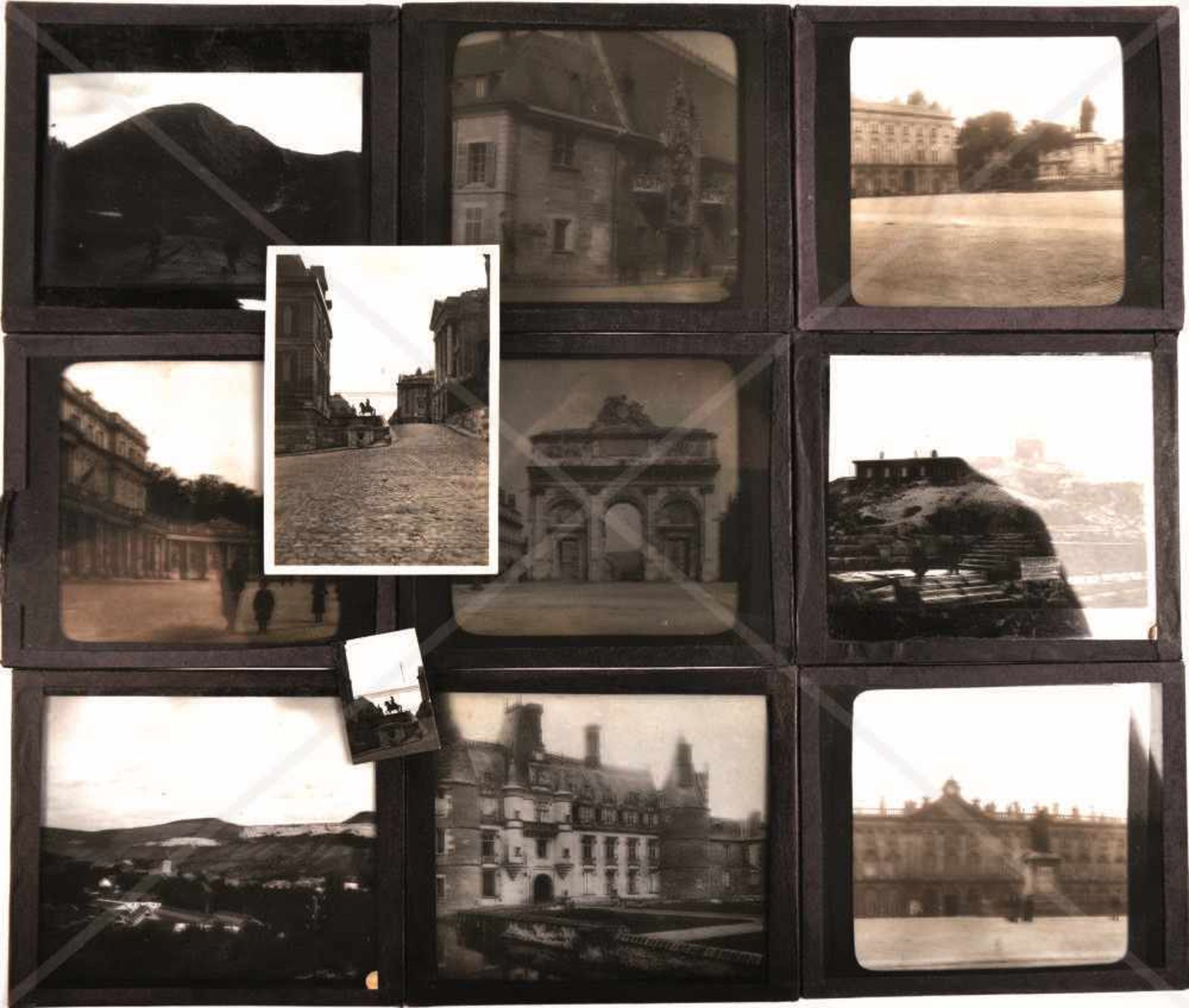 9 GLASDIAS, dabei: Chateau-Thiere, Lille, Seestation in Calais, Schloss in Versailles, um 1910, 10x8