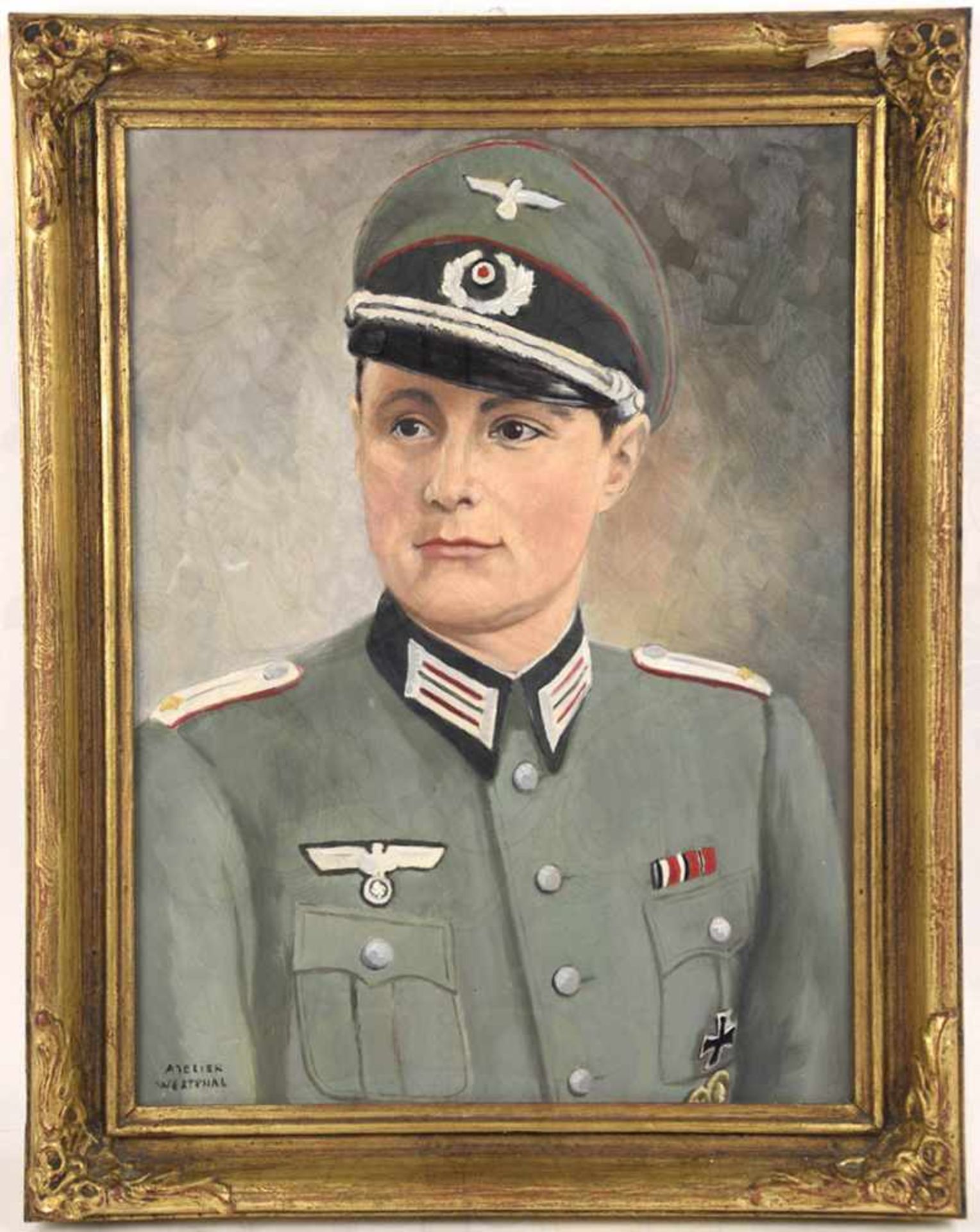 PORTRAIT EINES OBERLEUTNANTS, Öl auf Hartfaser, mit Schirmmütze, EK I 1939 u. 2-teiliger