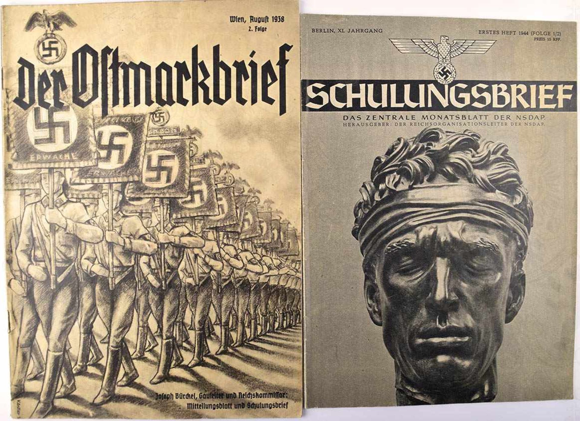 KONVOLUT: „Der Ostmarkbrief“, August 1938, 32 S.; „Schulungsbrief“, 1944, Nr. 1/2, 16 S.
