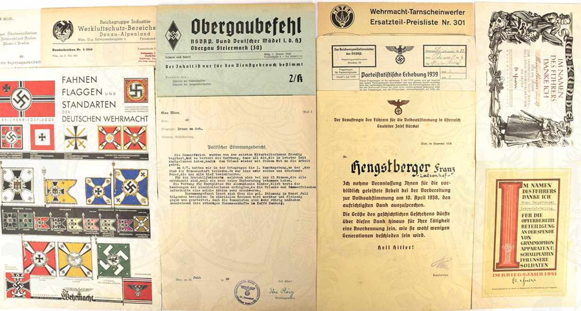 DOKUMENTENKONVOLUT, über 150 Teile, tls. militärisch, 1936-47, dabei: Spendenurkunden, Preisliste
