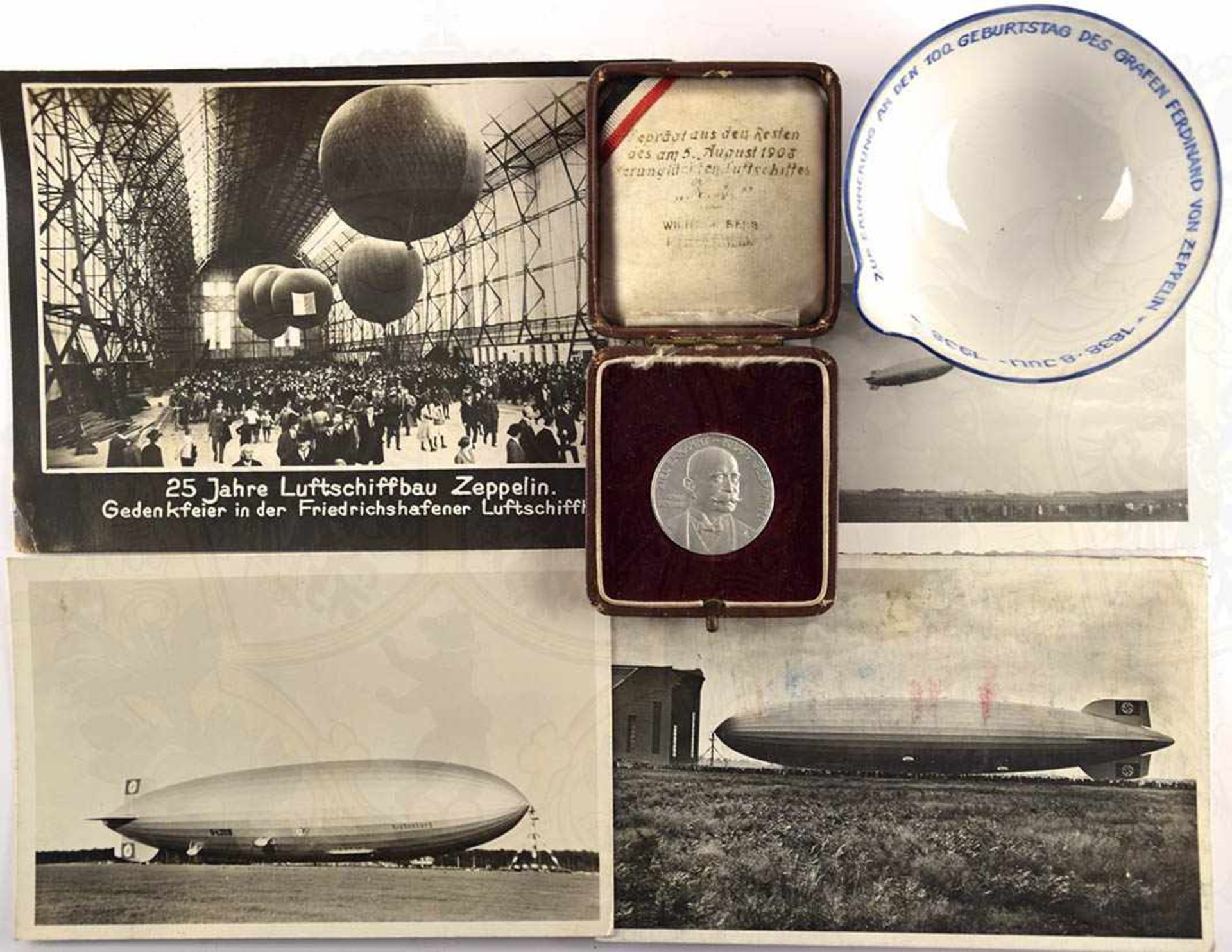 KONVOLUT ZEPPELIN, Porzellanschälchen, „...100 Geburtstag Graf Ferdinand v. Zeppelin 1838-1938“,