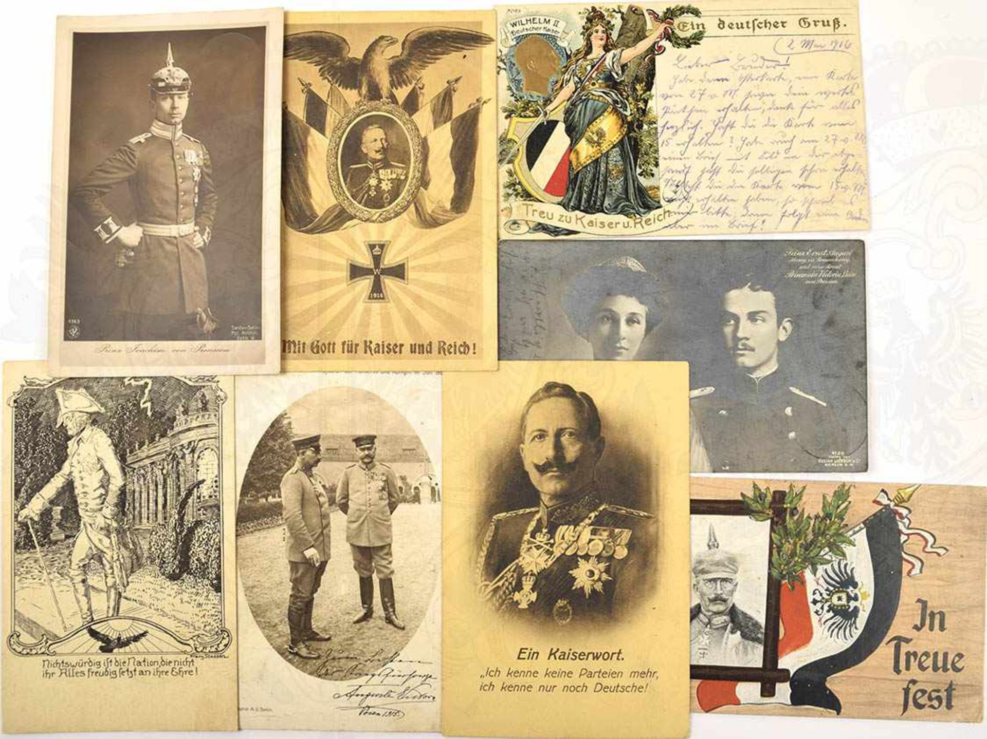 15 PATRIOTISCHE AK, Foto-, Kunstdruck- u. Tiefdruck-AK, 6x farbig, u. a. Portraits Wilhelm II u.