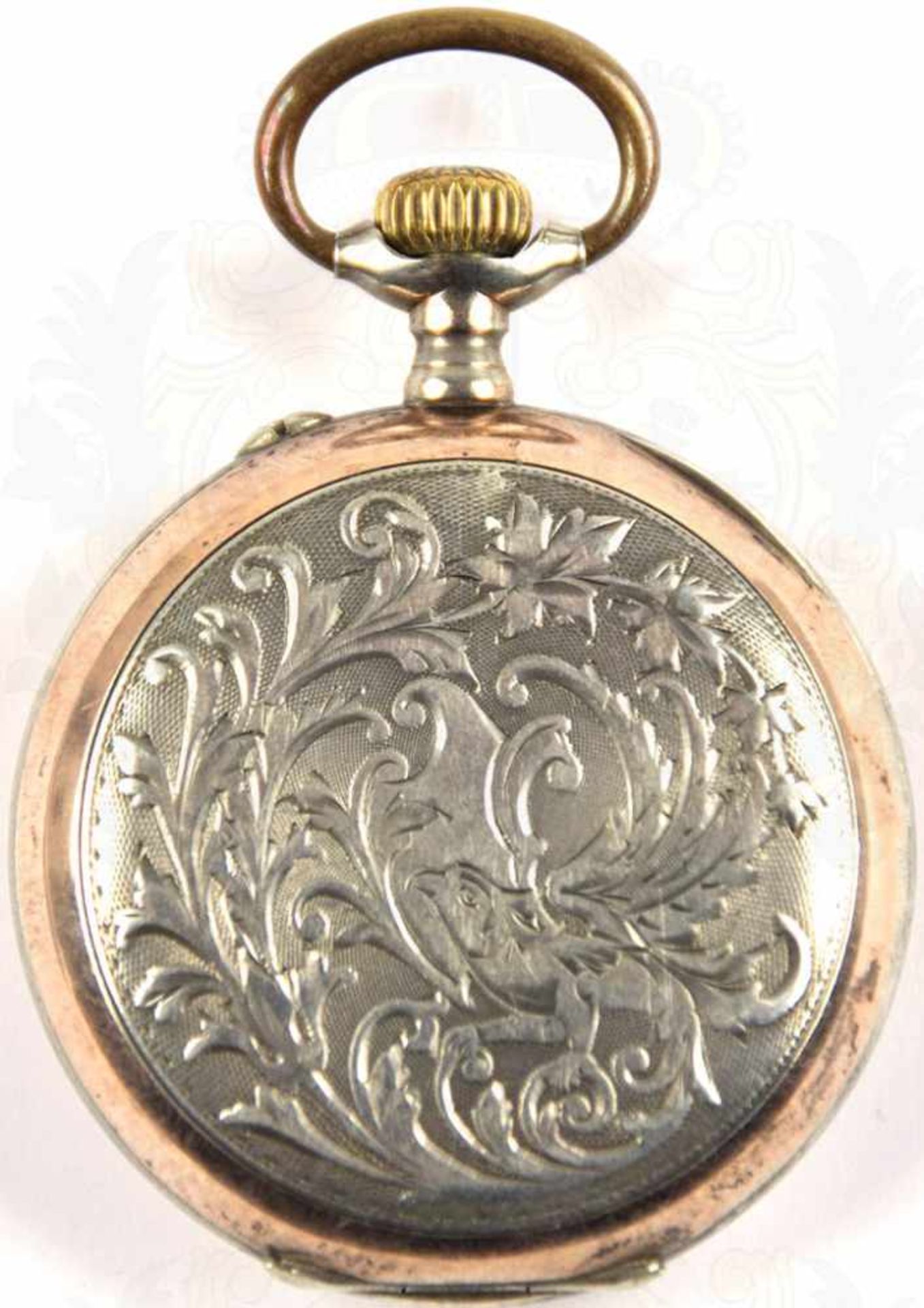 HERREN-TASCHENUHR, um 1900, punziert „800“, Kronenaufzug, Tragering, arab. Porzellan-Ziffernblatt, - Image 2 of 3