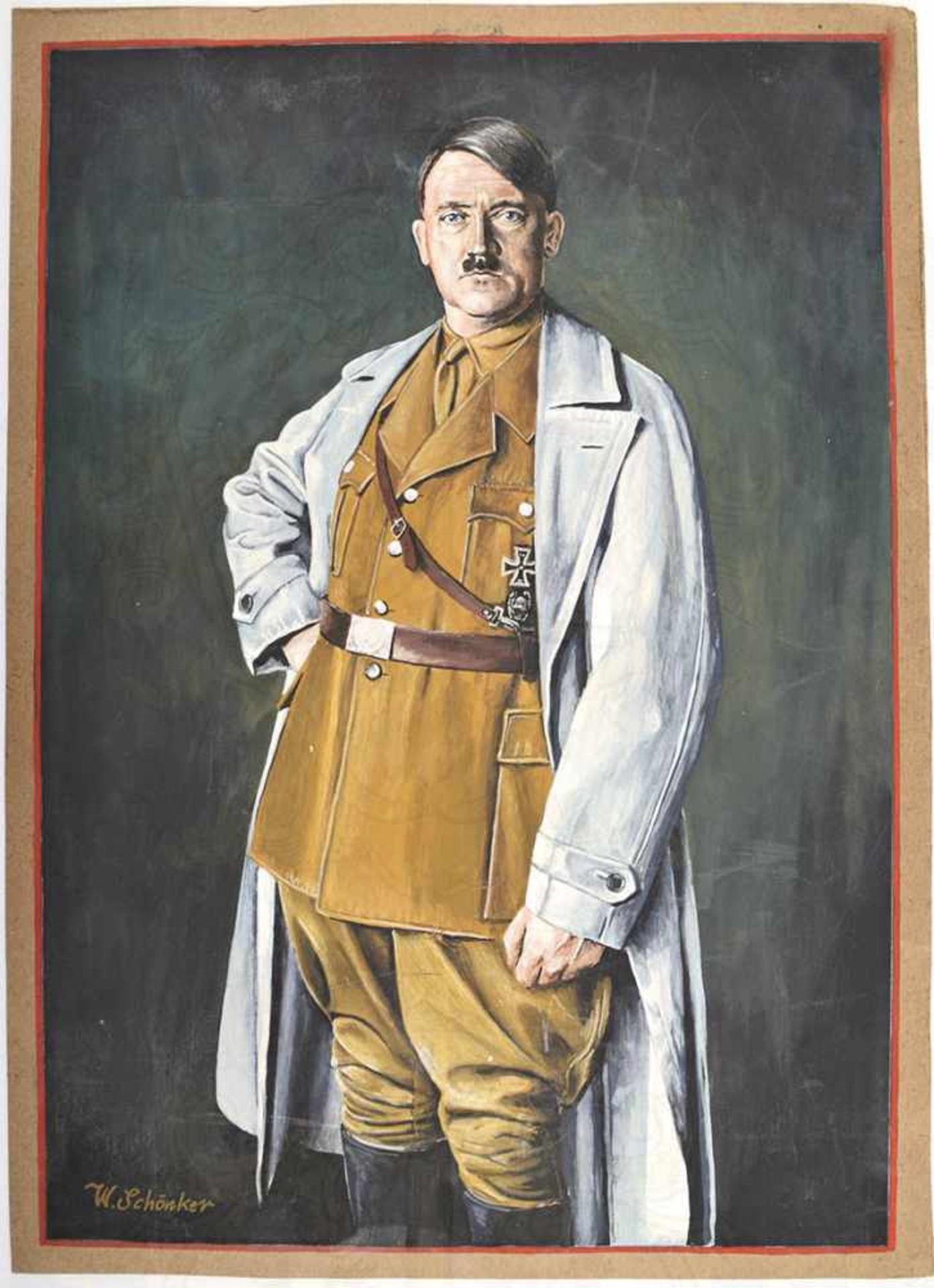 AQUARELL-PORTRAIT ADOLF HITLER, Kniestück in Parteiuniform mit weißem Mantel, signiert „W.