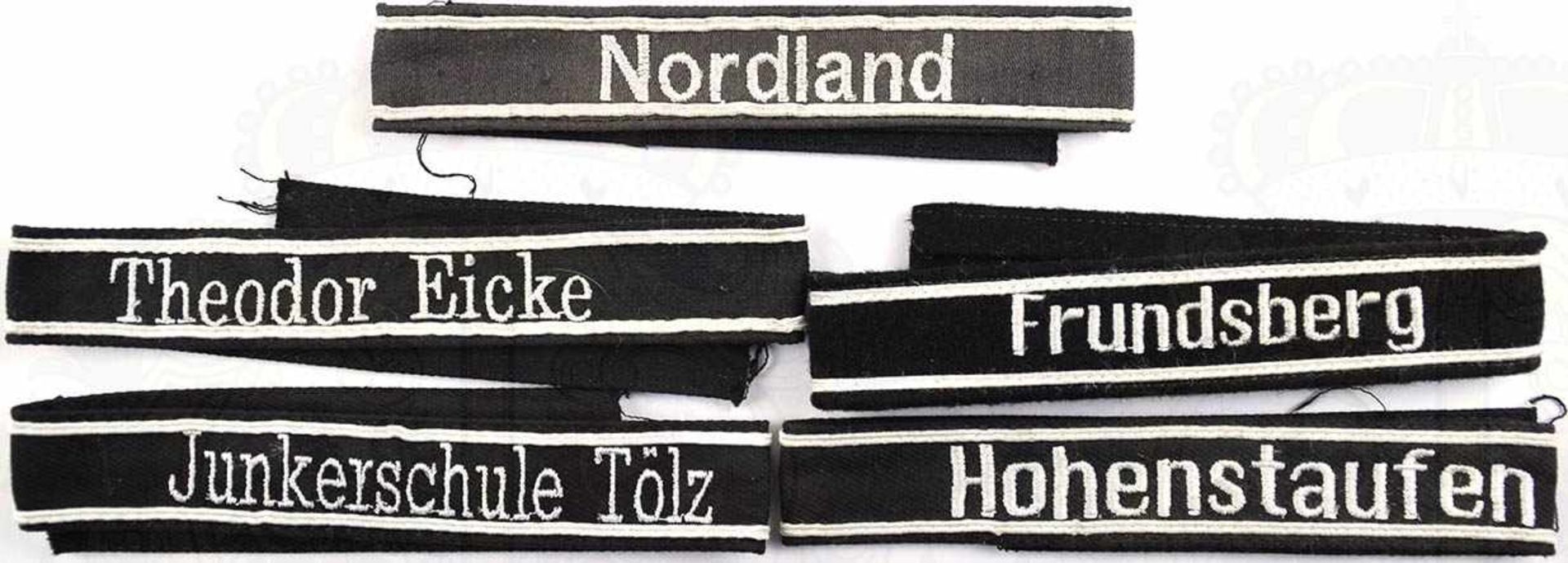 5 ÄRMELBÄNDER, 11. Pz.-Gren.-Div. „Nordland“; 9. bzw. 10. Pz.-Div. „Hohenstaufen“ u. „Frundsberg“;