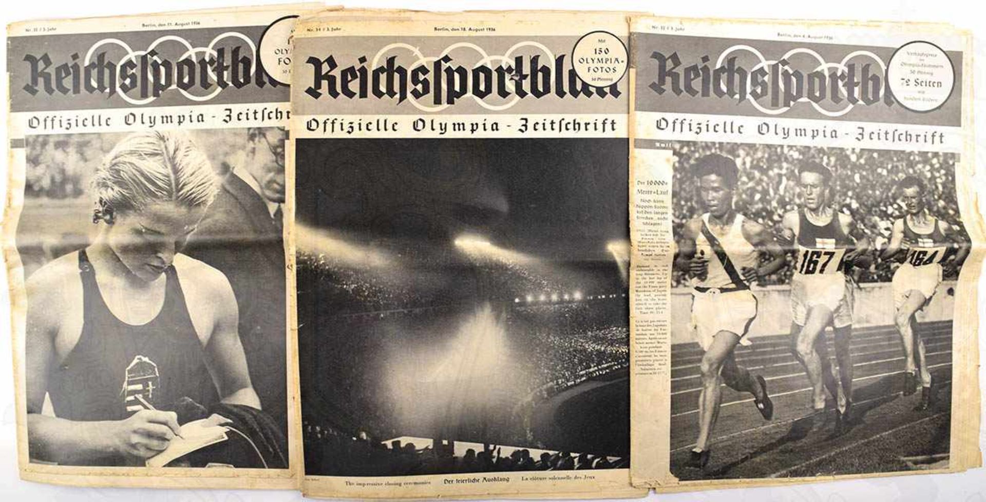 4 ILLUSTRIERTE, „Reichssportblatt“, 1936, 4 Ausgaben Nr. 8, 32, 33, 34, Randmängel, gerissen; „