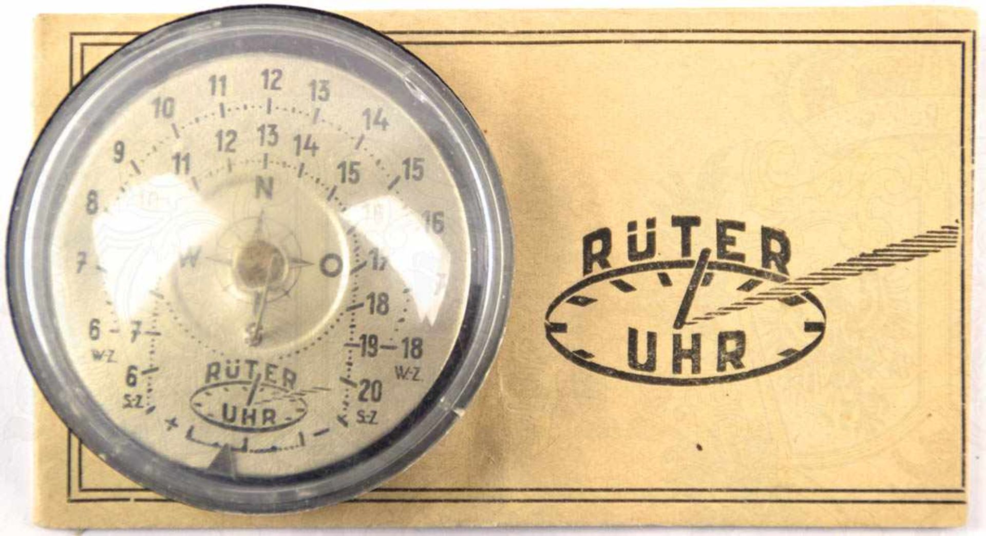 RÜTER-UHR, „Die Sonnenuhr in der Westentasche“, Metall-Ziffernblatt, Kunststoff-Gehäuse, 5x2,5 cm,