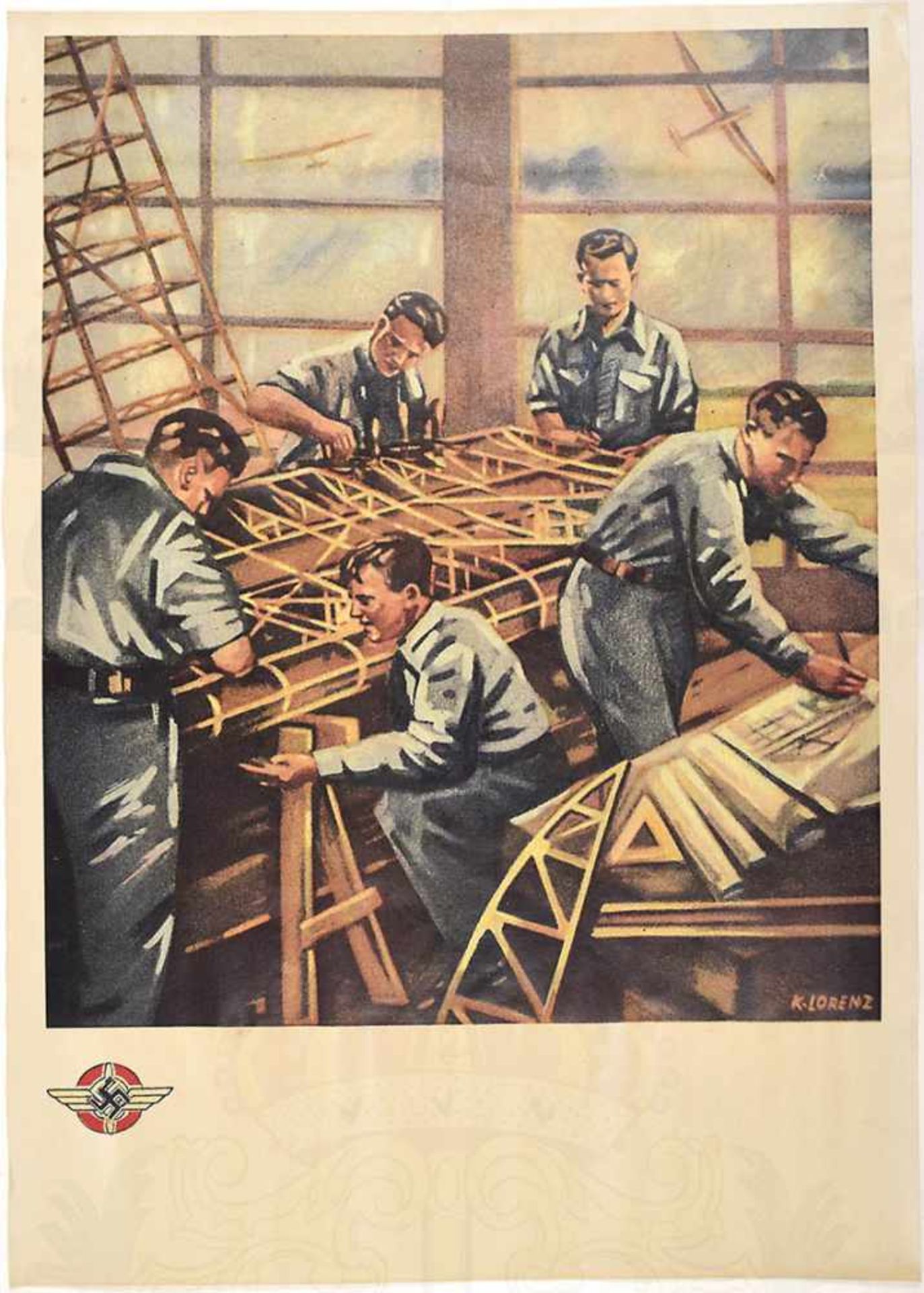 PLAKAT: NSFK-Männer beim Bau von Segelflugzeugen, farbiger Neudruck nach Original um 1935, ca. A 3