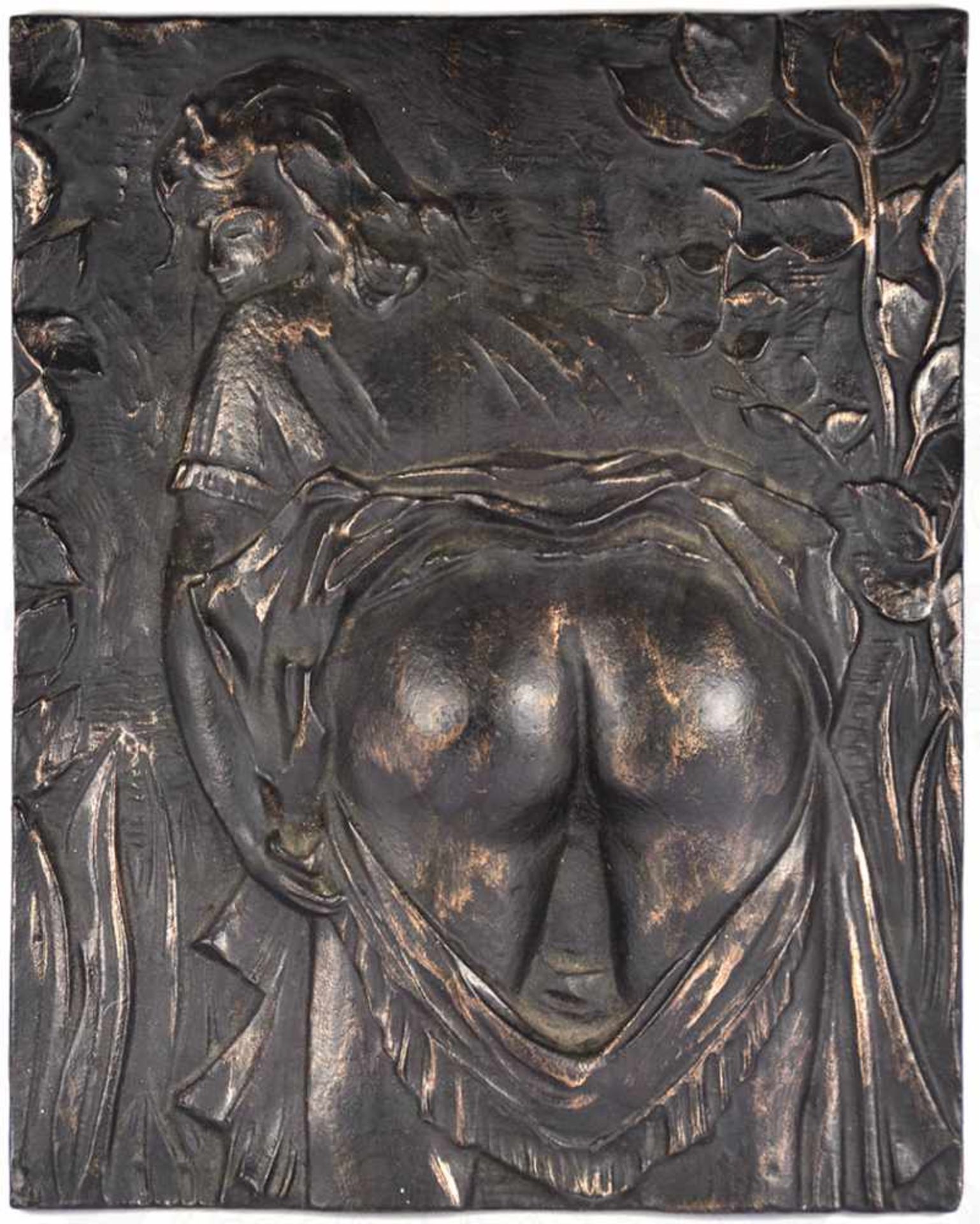 EROTISCHES WANDRELIEF, halbhohler Bronzeguss, geschwärzt, relief. Darstellung e. jungen Frau in