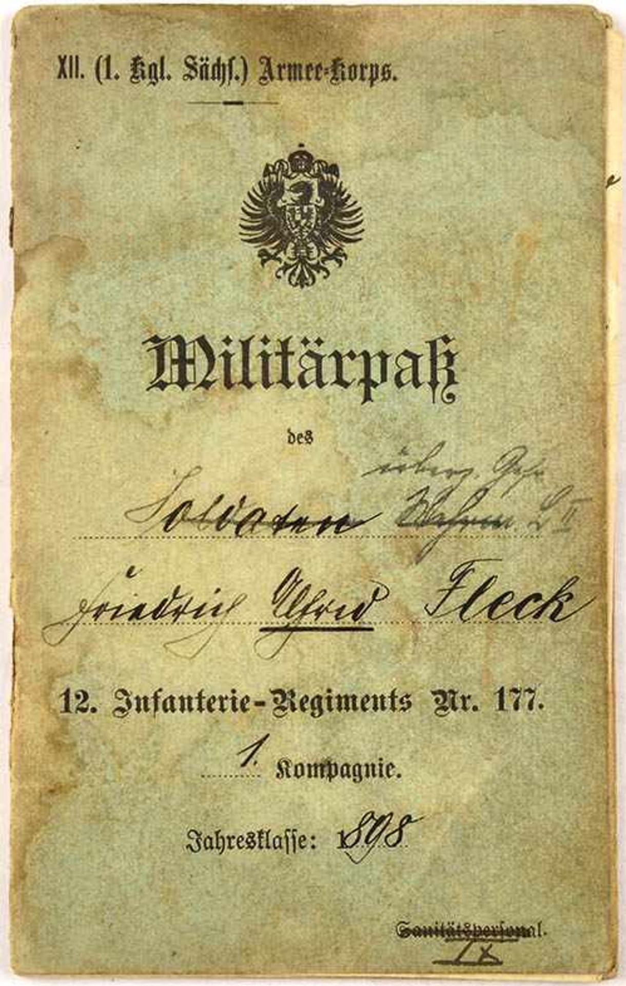 MILITÄRPAß, Gfr. u. Spielmann, IR Nr. 177, Landw.-IR Nr. 101, zahlr. Eintr. 1900-1919, EK II, Fr.-