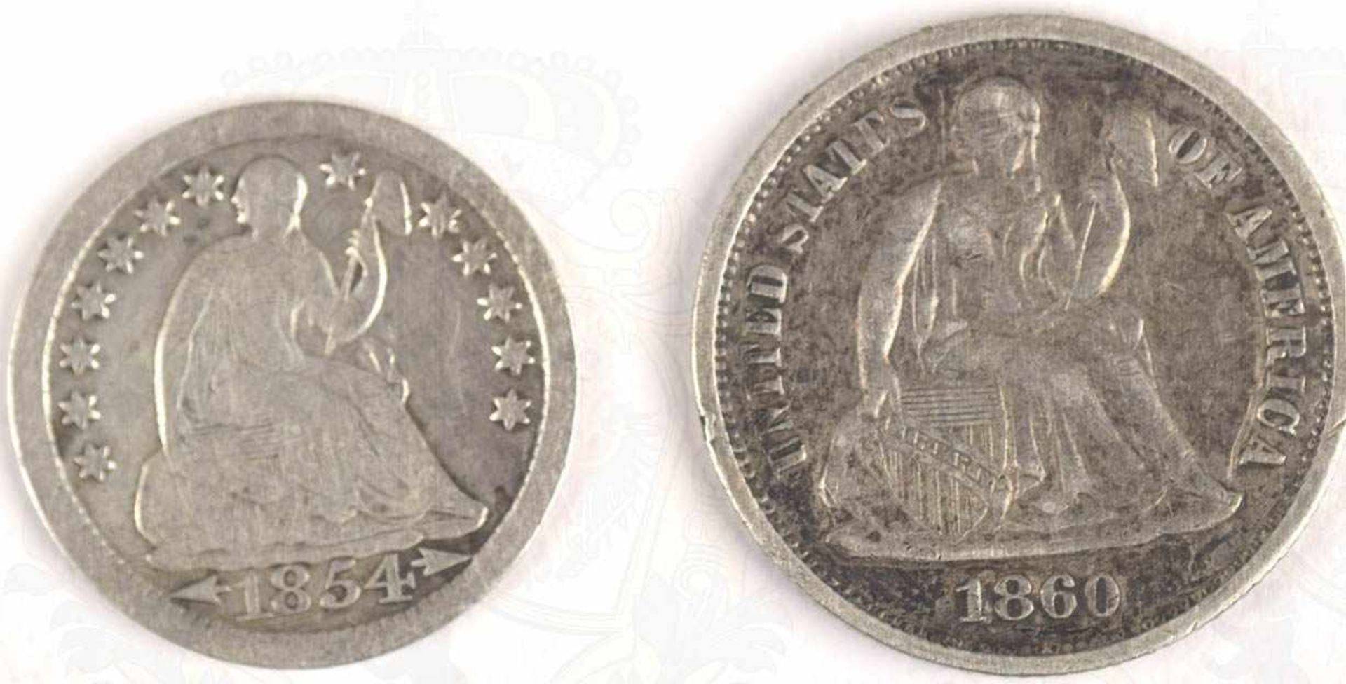 2 SILBERMÜNZEN USA, 1/2 Dime 1854 u. 1 Dime 1860, Seated Liberty, Silber, (5 cent bzw. 10 cent) - Image 2 of 2