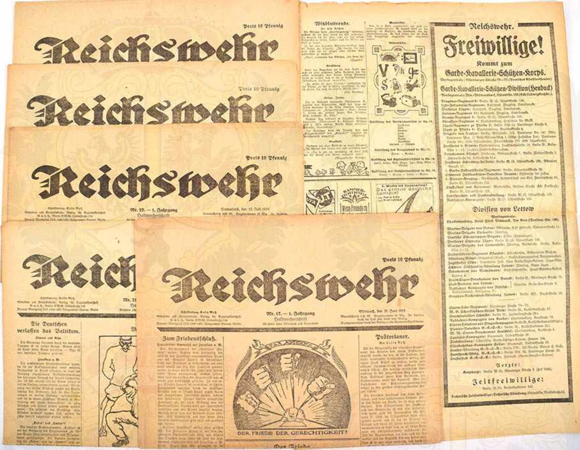 ZEITUNG „REICHSWEHR“, 6 Ausgaben 1919, 25. u. 28. Juni, 2., 5., 9. u. 12. Juli, Zeichnungen,