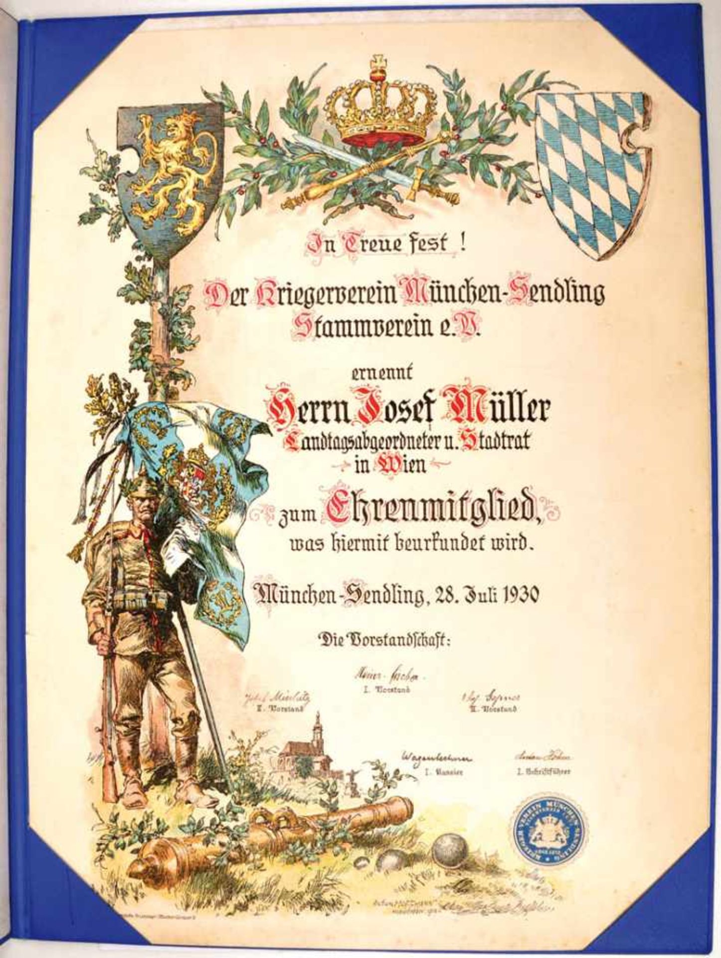 EHRENURKUNDE d. Kriegervereins München-Sendling f. e. Landtagsabgeordneten aus Wien, Ernennung zum - Bild 2 aus 2