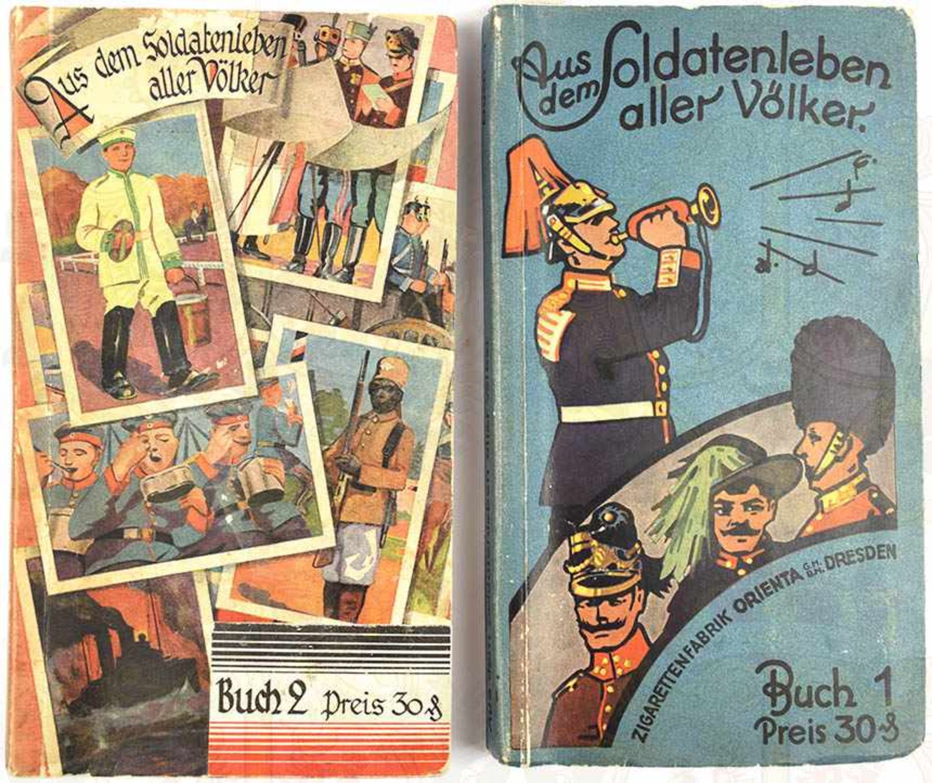 2 ALBEN - AUS DEM SOLDATENLEBEN ALLER VÖLKER, Bücher 1 u. 2, Orienta GmbH, Dresden 1932, ges. 300