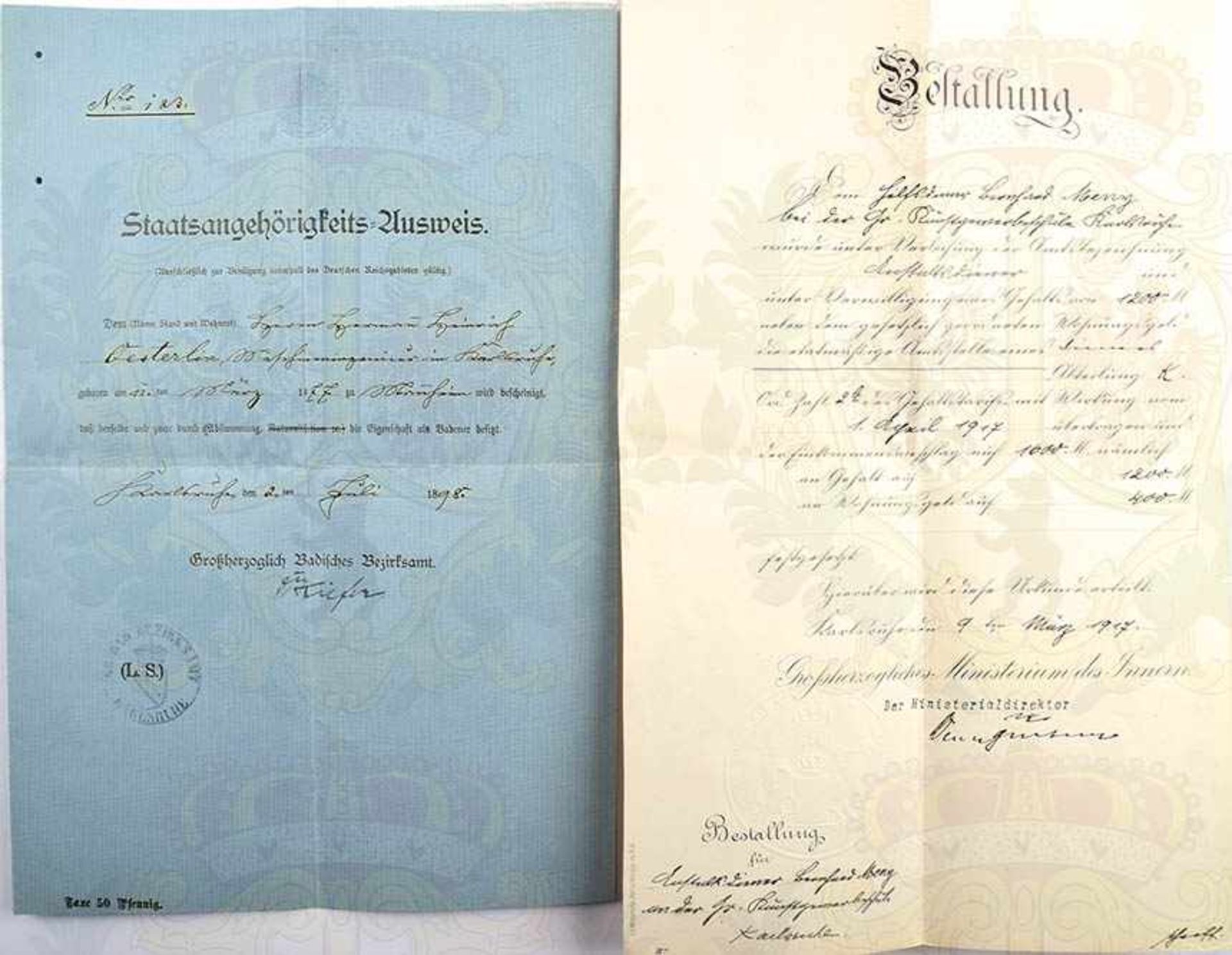 2 URKUNDEN, Staatsangehörigkeits-Ausweis, Karlsruhe 1898; Bestallung als Anstaltsdiener a. der
