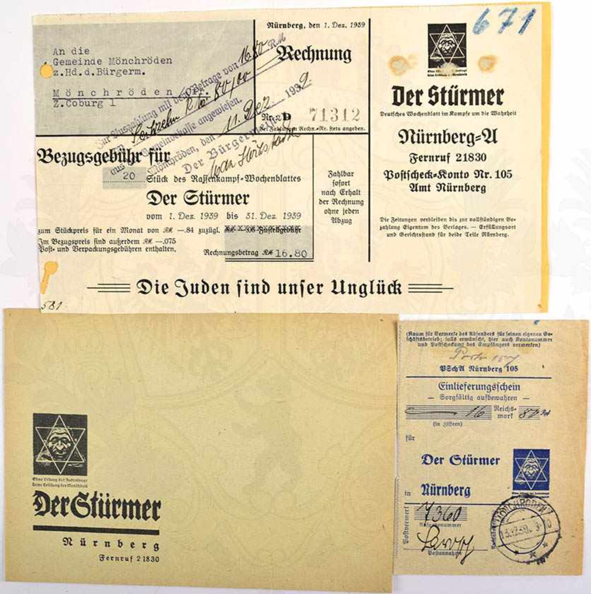 RECHNUNG DES STÜRMER-VERLAGES, Briefumschlag, Rechnung f. Abo d. Zeitschrift „Der Stürmer“ sowie