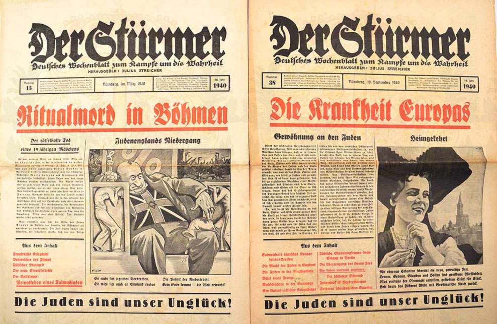 DER STÜRMER, 40 Ausgaben, Jg. 1940, Nr. 1-3, 8, 9, 11-15, 17-23, 25-27, 29-43, 45, 46, 48, 51 u. 52, - Bild 2 aus 4