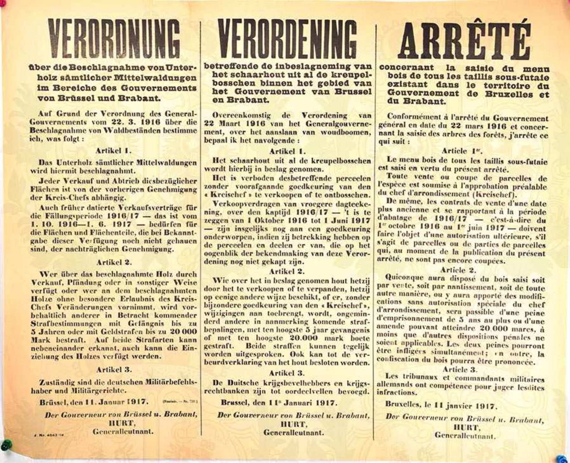 3 WANDANSCHLÄGE, Verordnungen über Münzwährung, Beschlagnahme v. Holz u. Waldbeständen, Brüssel - Bild 3 aus 3