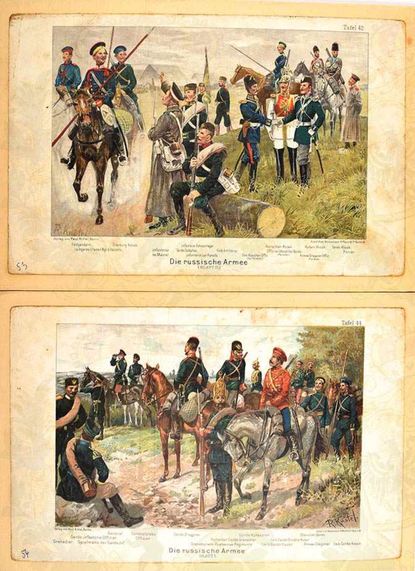 DIE RUSSISCHE ARMEE, 2 Farbdrucke um 1900, Darst. verschiedener Truppenteile, Rand m. entspr.