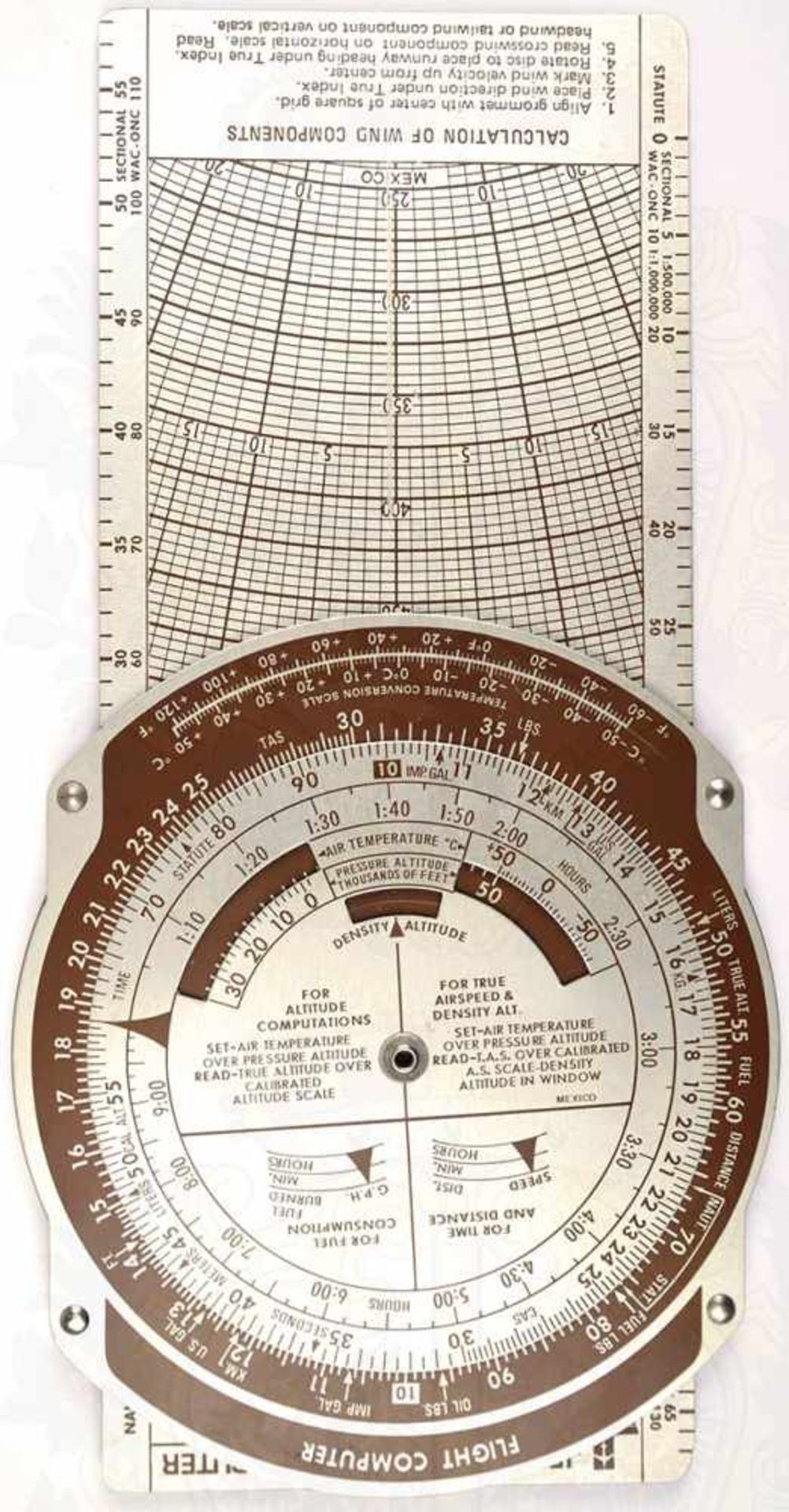 RECHENSCHIEBER FÜR FLUGZEUGBESATZUNGEN, zur Berechnung von Treibstoffverbrauch, Geschwindigkeit über