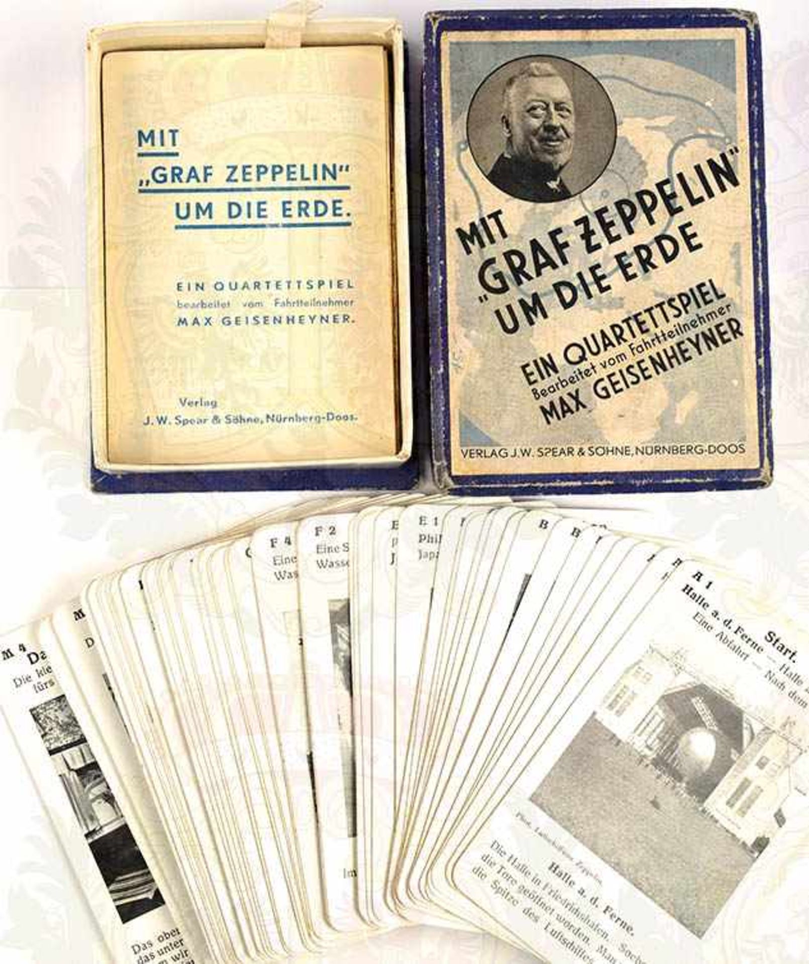 QUARTETTSPIEL MIT ZEPPELIN UM DIE ERDE, Herst. „J.W. Spear & Söhne, Nürnberg-Doos“, (1929), kpl.