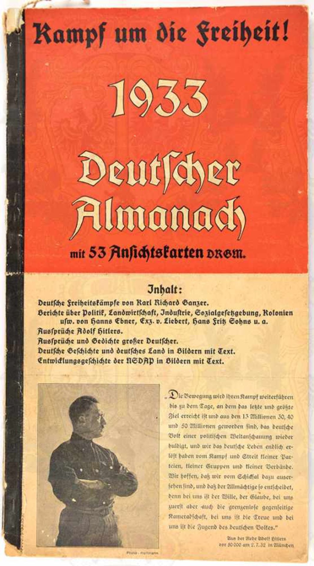 WANDKALENDER „DEUTSCHER ALMANACH 1933“, „Kampf um die Freiheit!“, Dr. Julius Schröder Verlag,